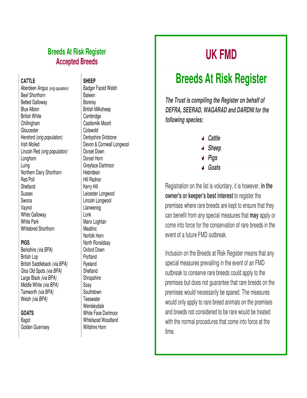 UK FMD Breeds at Risk Register