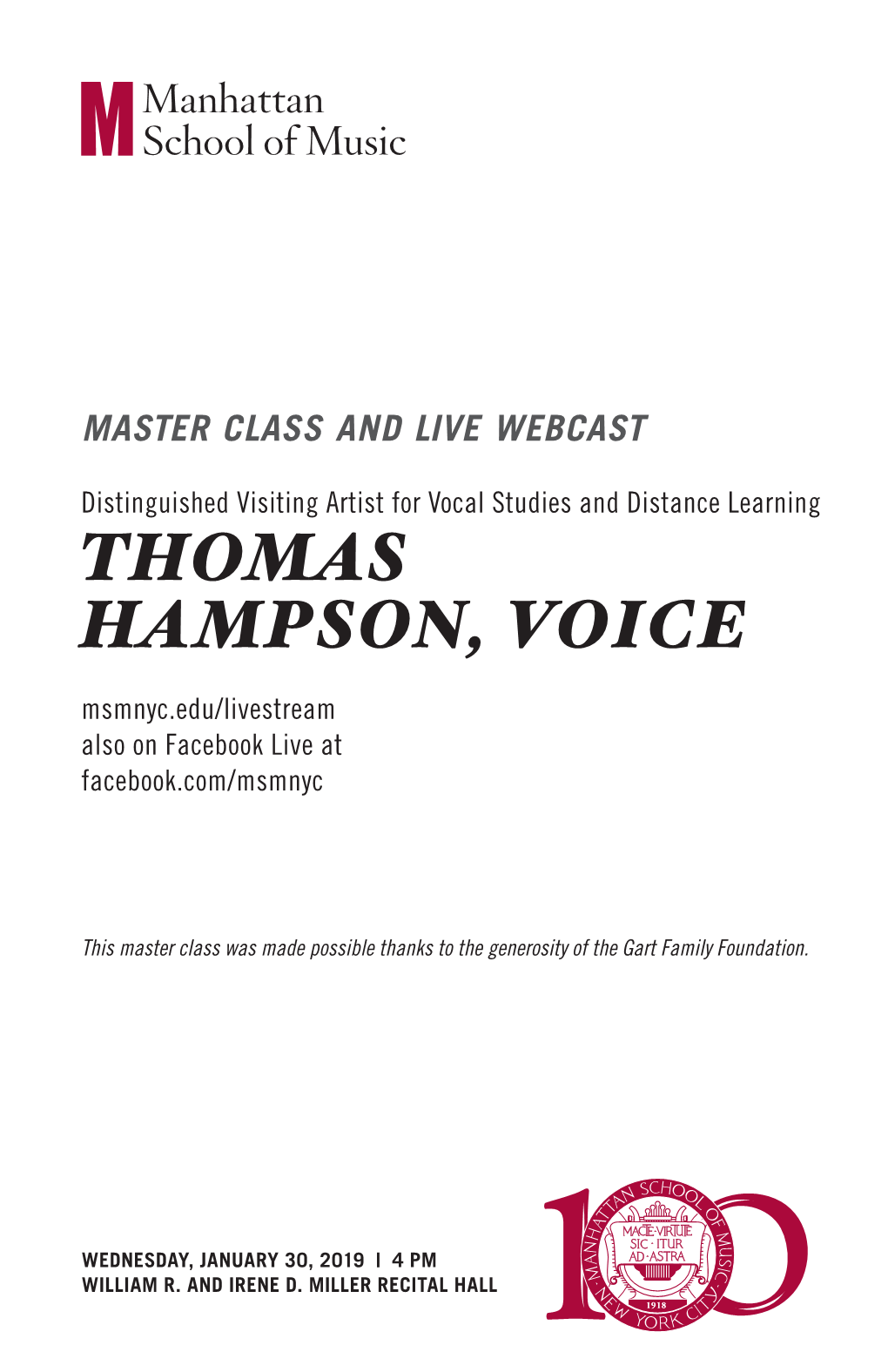 THOMAS HAMPSON, VOICE Msmnyc.Edu/Livestream Also on Facebook Live at Facebook.Com/Msmnyc