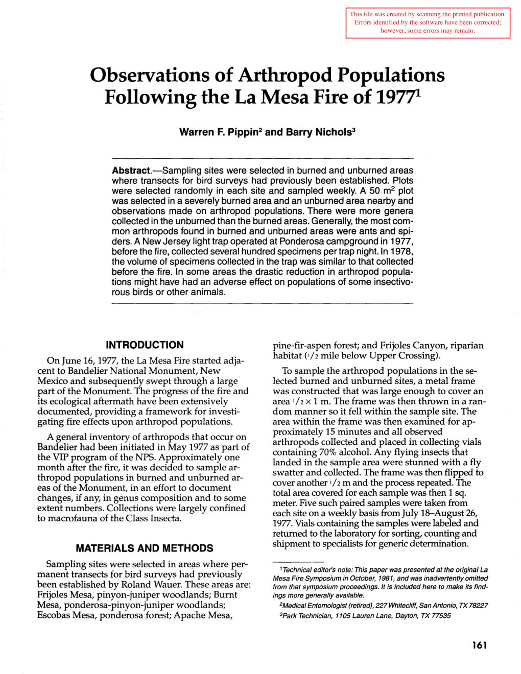 Observations of Arthropod Populations Following the La Mesa Fire of 197']1