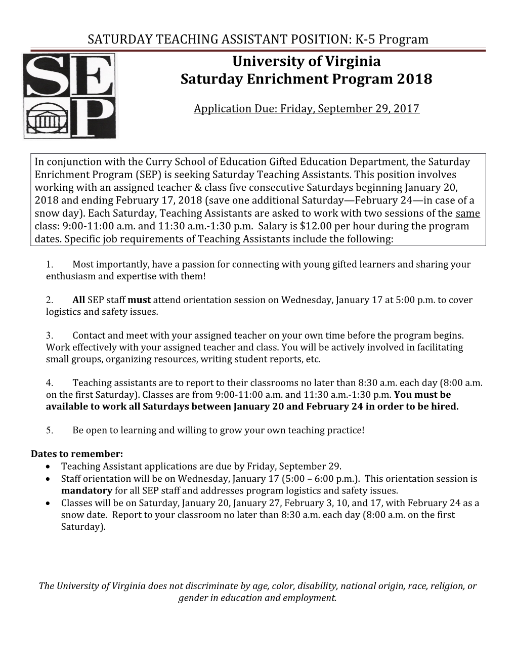 SATURDAY TEACHING ASSISTANT POSITION: Rising K-5Th Grade Program