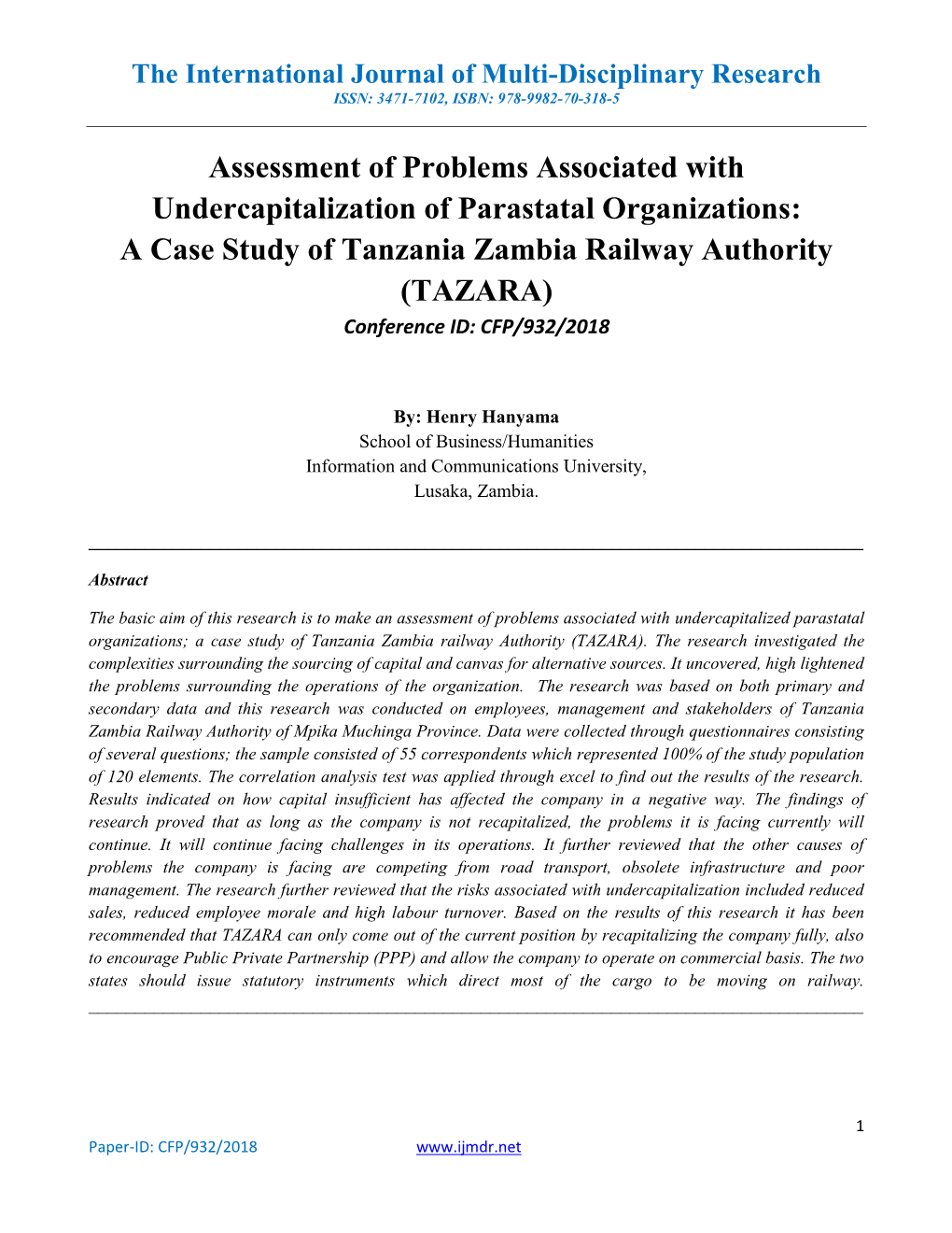 Assessment of Problems Associated with Undercapitalized Parastatal Organizations a Case Study of Tanzania Zambia Railway Authority