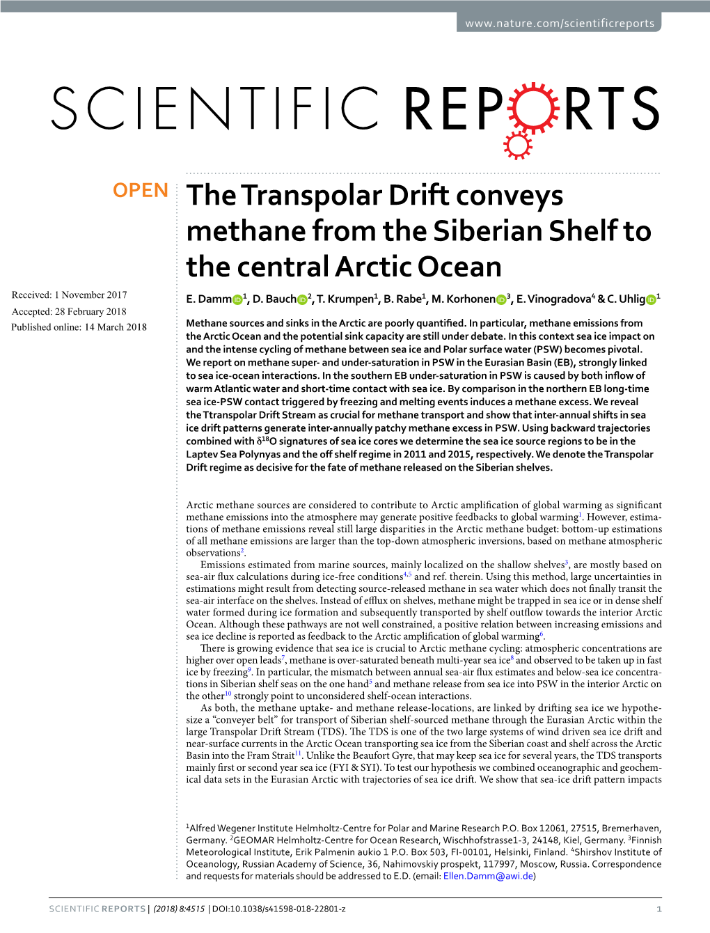 The Transpolar Drift Conveys Methane from the Siberian Shelf to the Central Arctic Ocean Received: 1 November 2017 E