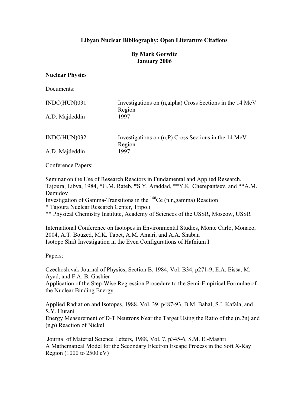 Libyan Nuclear Bibliography: Open Literature Citations