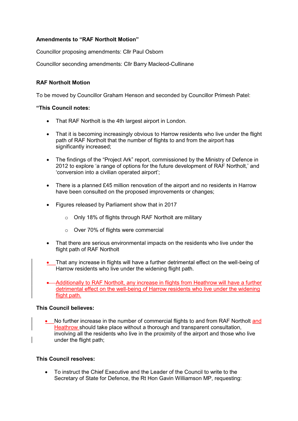 Amendments to “RAF Northolt Motion” Councillor Proposing Amendments
