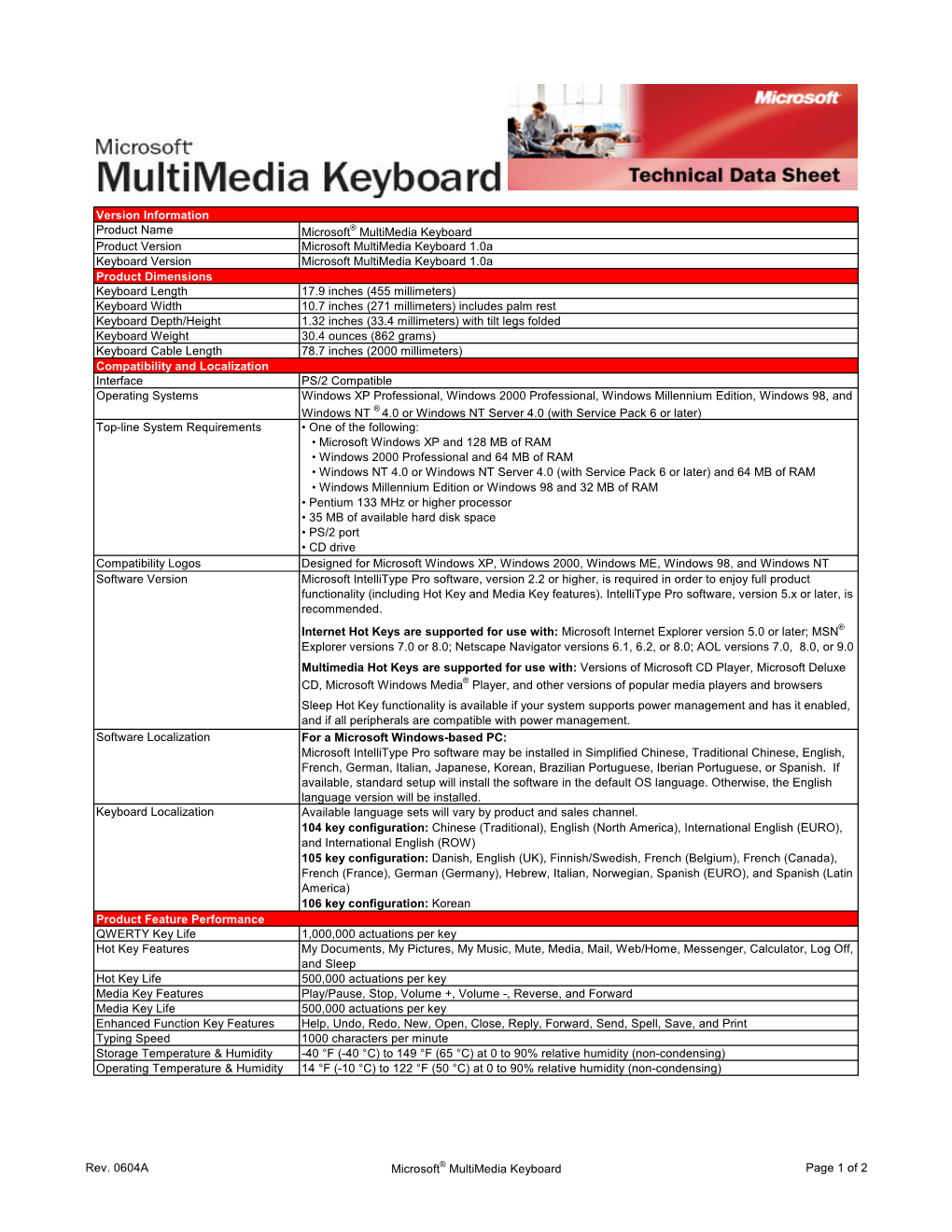 Version Information Product Name Microsoft® Multimedia Keyboard