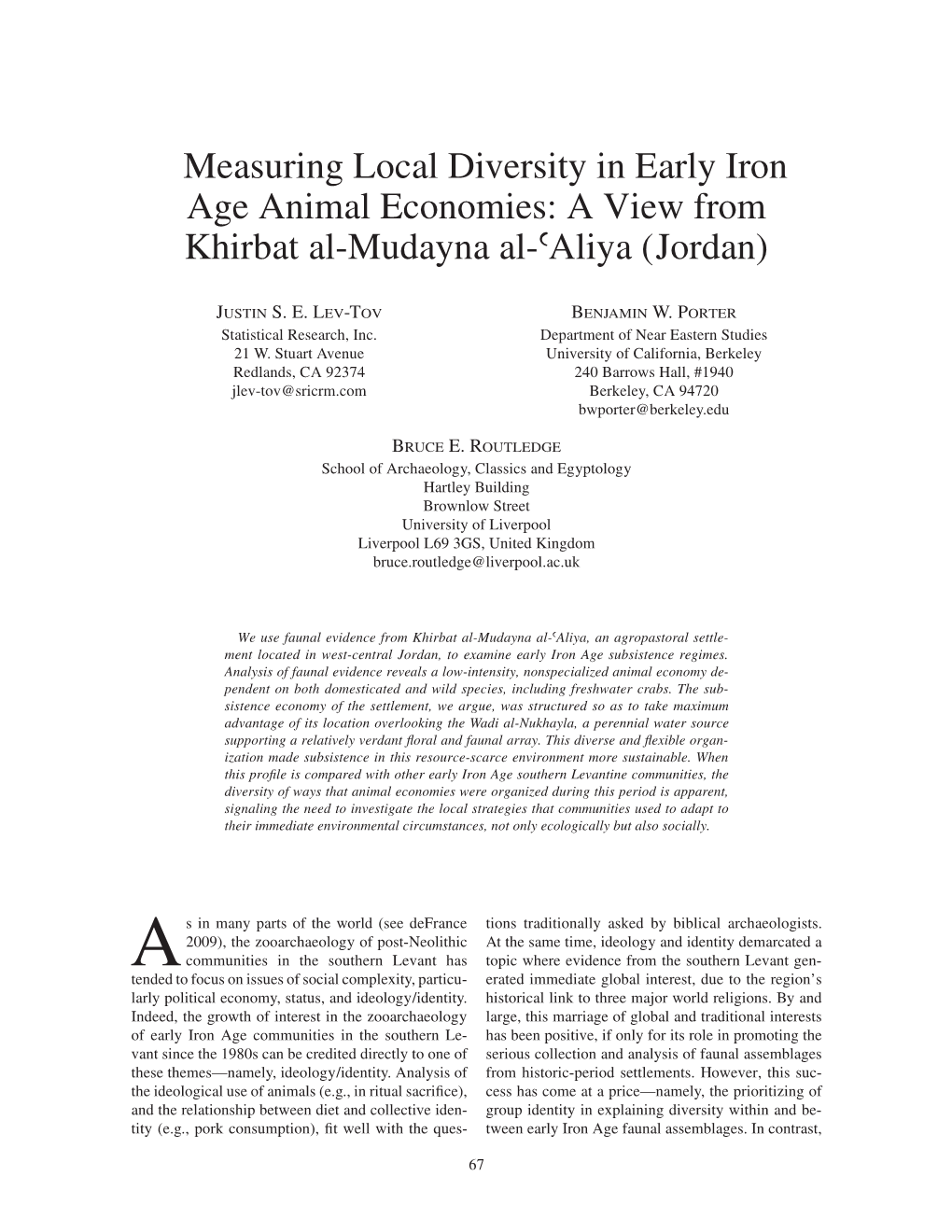 Measuring Local Diversity in Early Iron Age Animal Economies: a View from Khirbat Al-Mudayna Al-ʿaliya (Jordan)