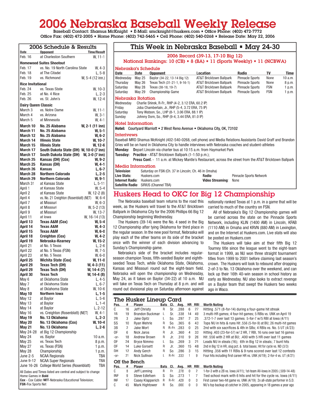 2006 Nebraska Baseball Weekly Release 2006