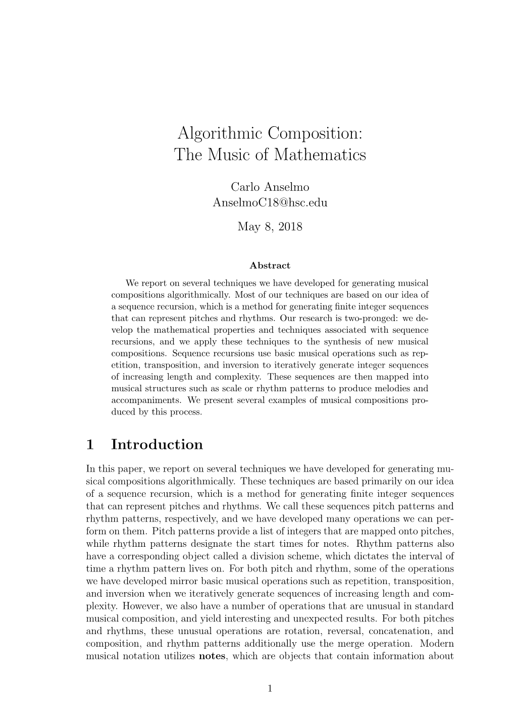 Algorithmic Composition: the Music of Mathematics