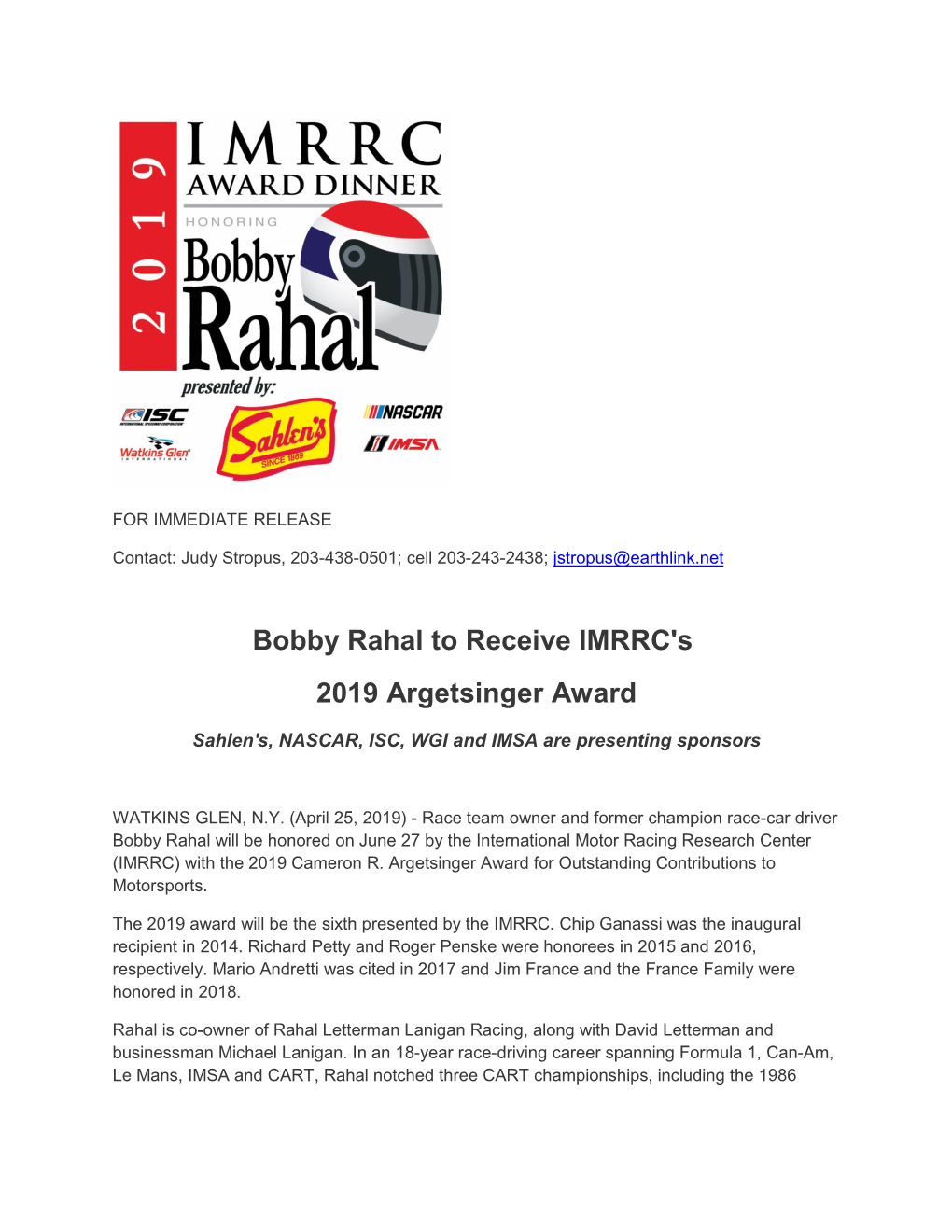 Bobby Rahal to Receive IMRRC's 2019 Argetsinger Award