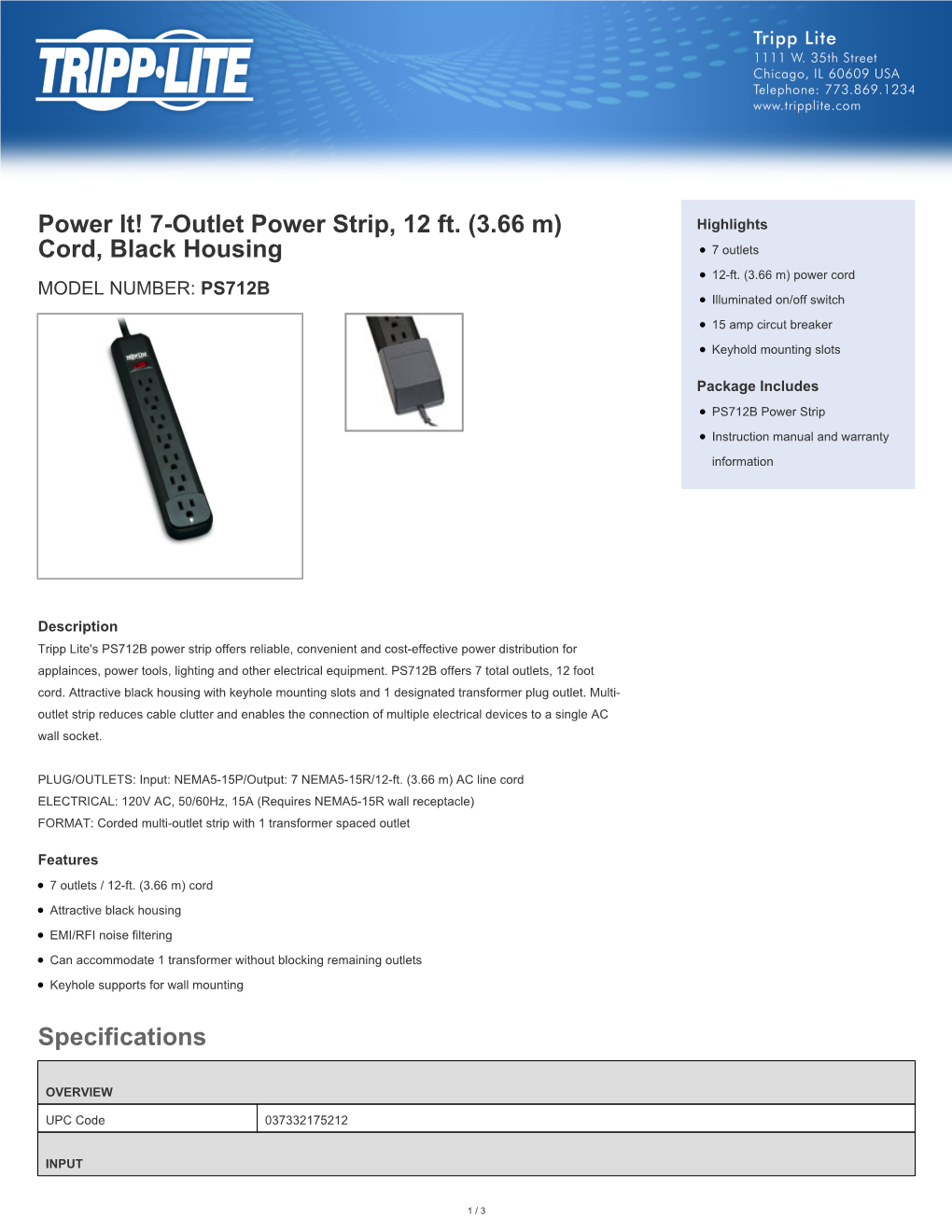 Specifications Power It! 7-Outlet Power Strip, 12 Ft. (3.66 M) Cord