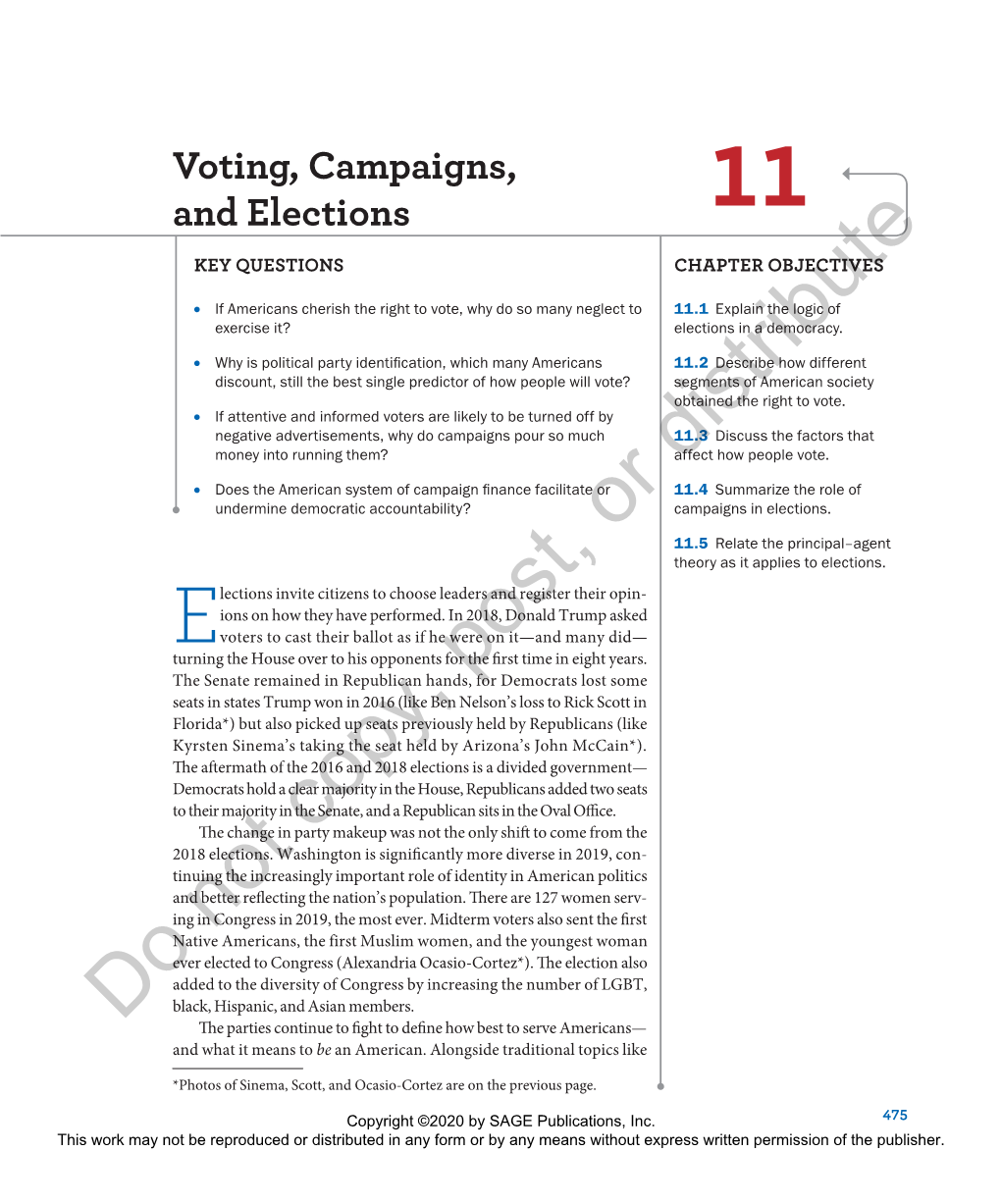 Voting, Campaigns, and Elections 11 KEY QUESTIONS CHAPTER OBJECTIVES