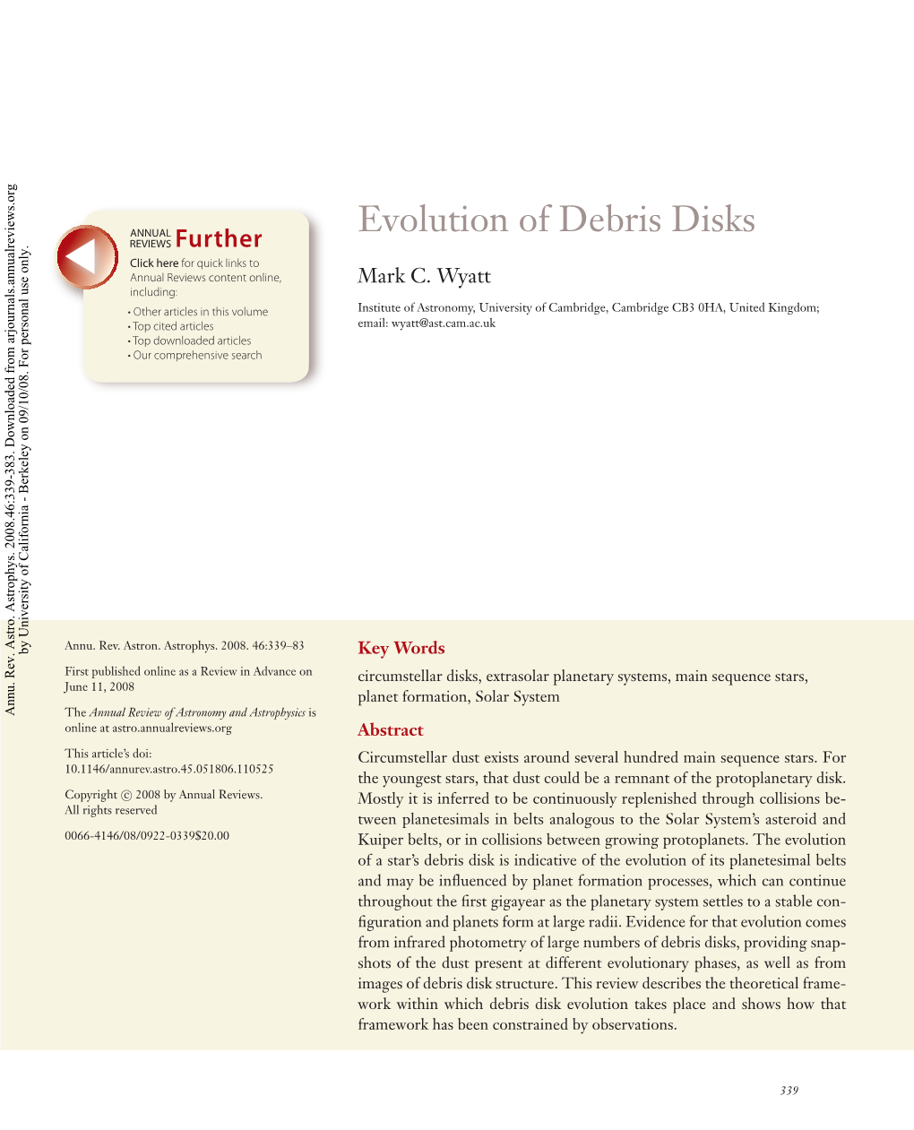 Evolution of Debris Disks REVIEWS Further Click Here for Quick Links to Annual Reviews Content Online, Mark C