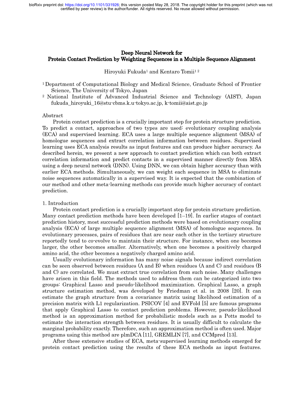 Deep Neural Network for Protein Contact Prediction by Weighting Sequences in a Multiple Sequence Alignment