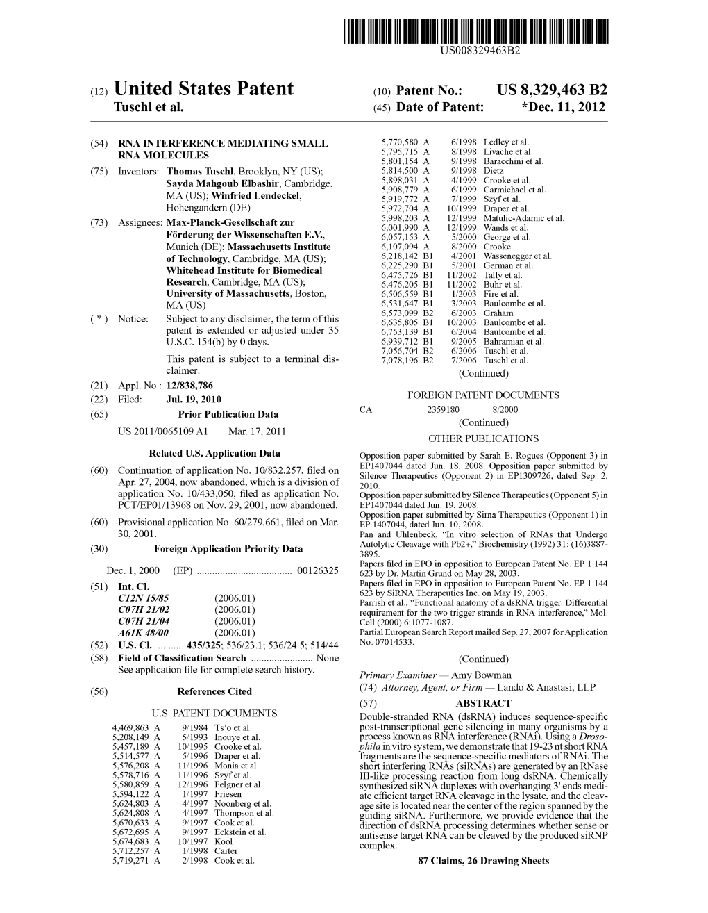 (12) United States Patent (10) Patent No.: US 8,329,463 B2 Tuschl Et Al