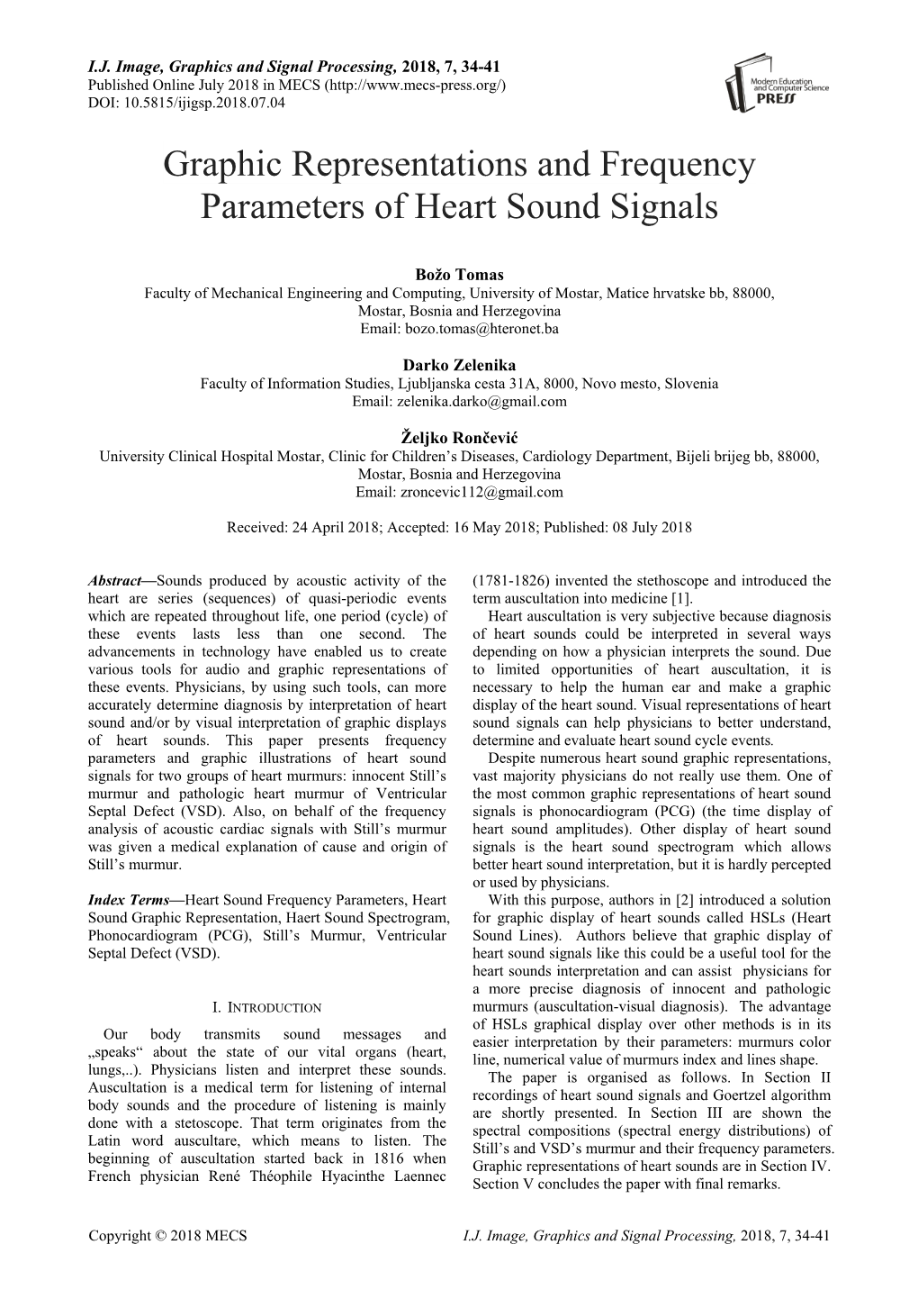 Graphic Representations and Frequency Parameters of Heart Sound Signals