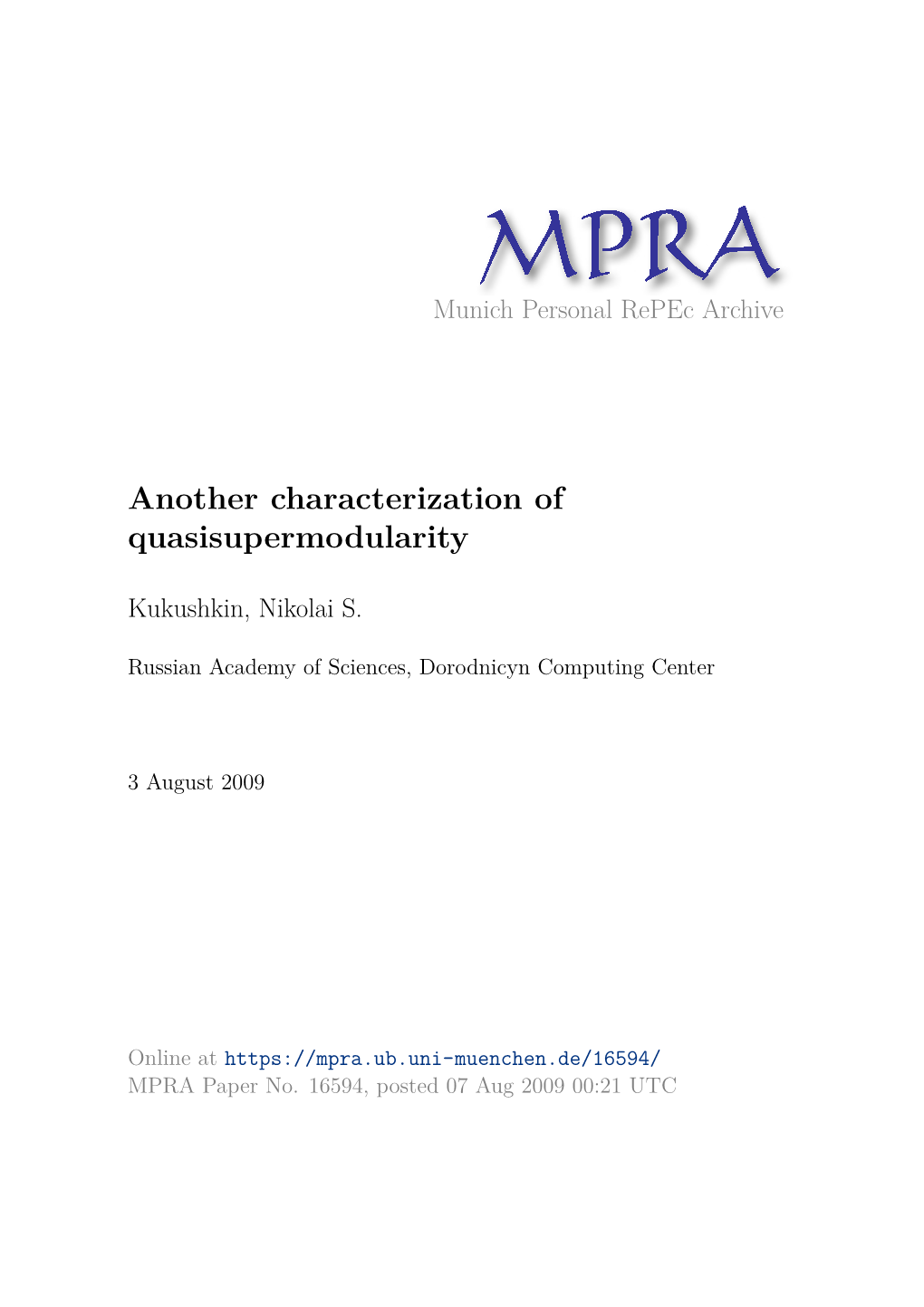 Another Characterization of Quasisupermodularity