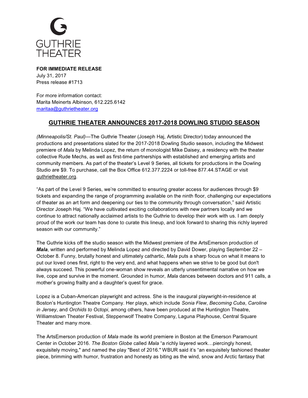 Guthrie Theater Announces 2017-2018 Dowling Studio Season