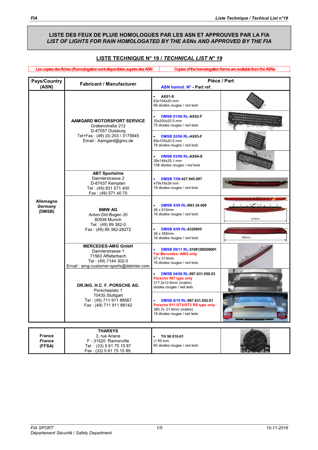 LISTE DES FEUX DE PLUIE HOMOLOGUES PAR LES ASN ET APPROUVES PAR LA FIA LIST of LIGHTS for RAIN HOMOLOGATED by the Asns and APPROVED by the FIA