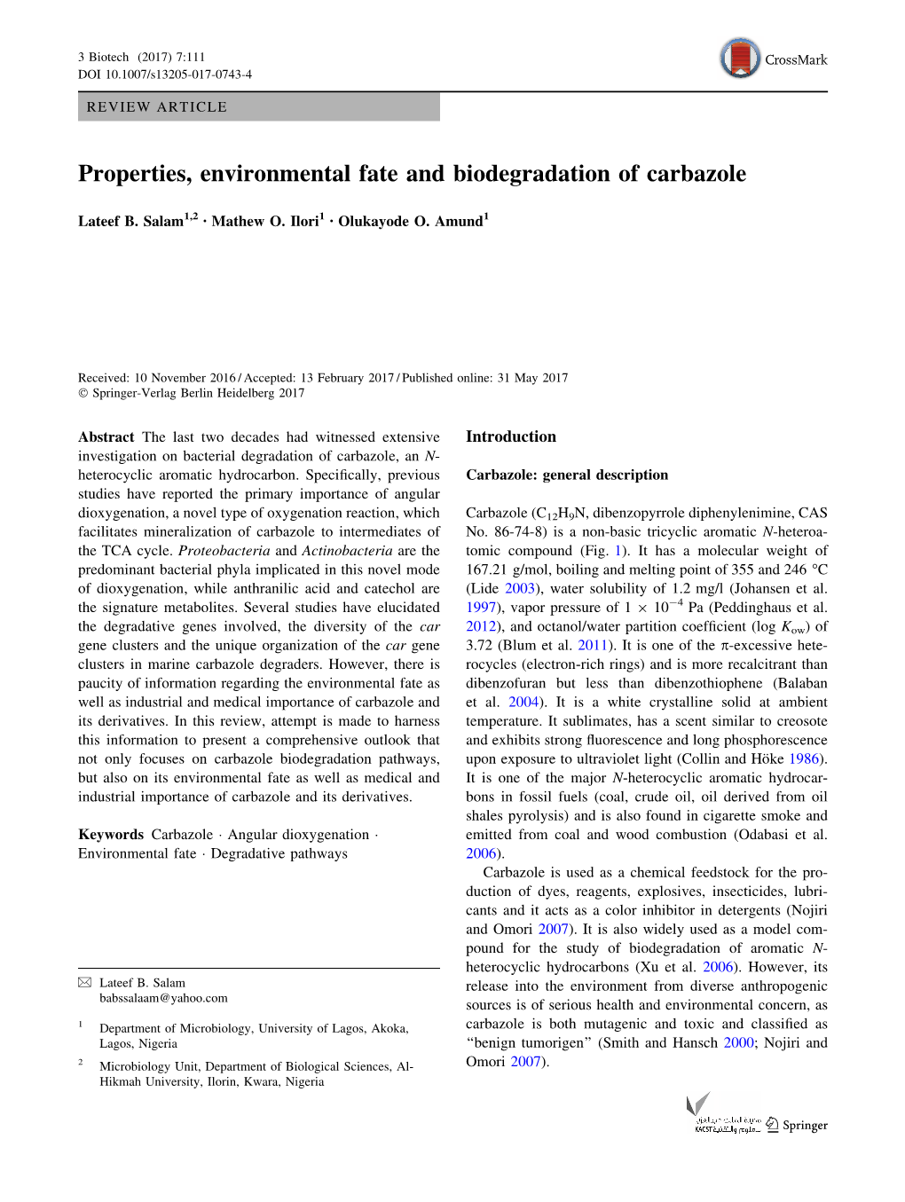 Properties, Environmental Fate and Biodegradation of Carbazole