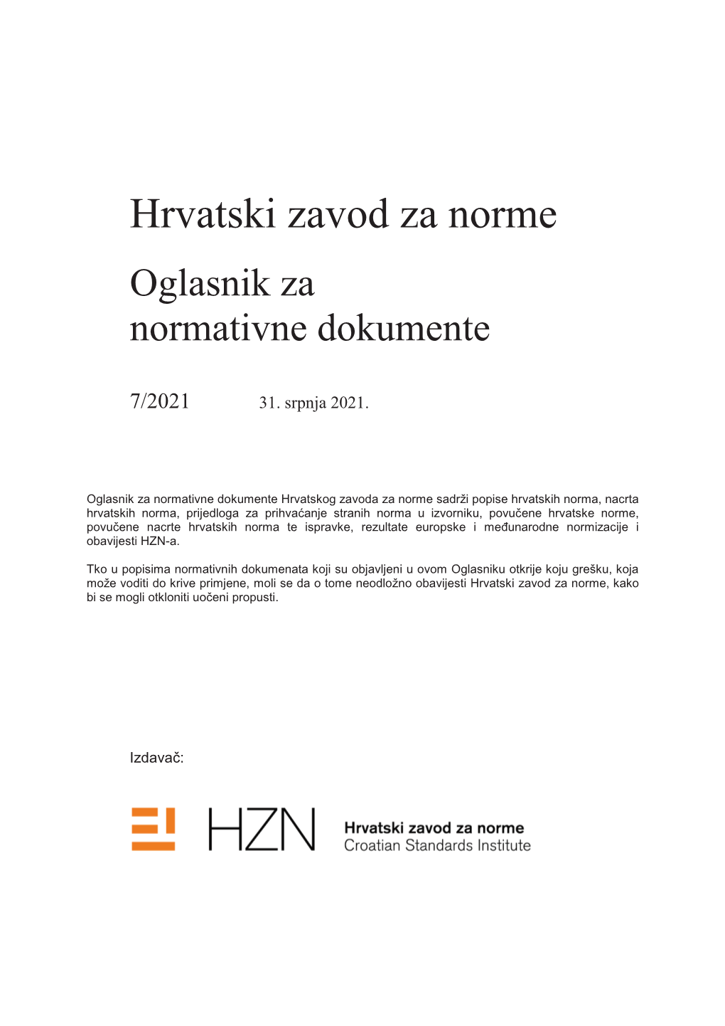 HZN Oglasnik Za Normativne Dokumente 7/2021