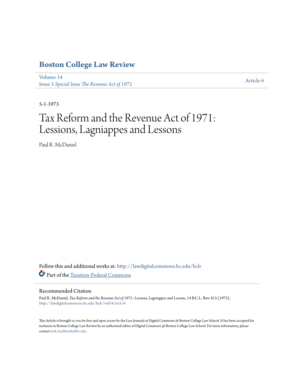 Tax Reform and the Revenue Act of 1971: Lessions, Lagniappes and Lessons Paul R