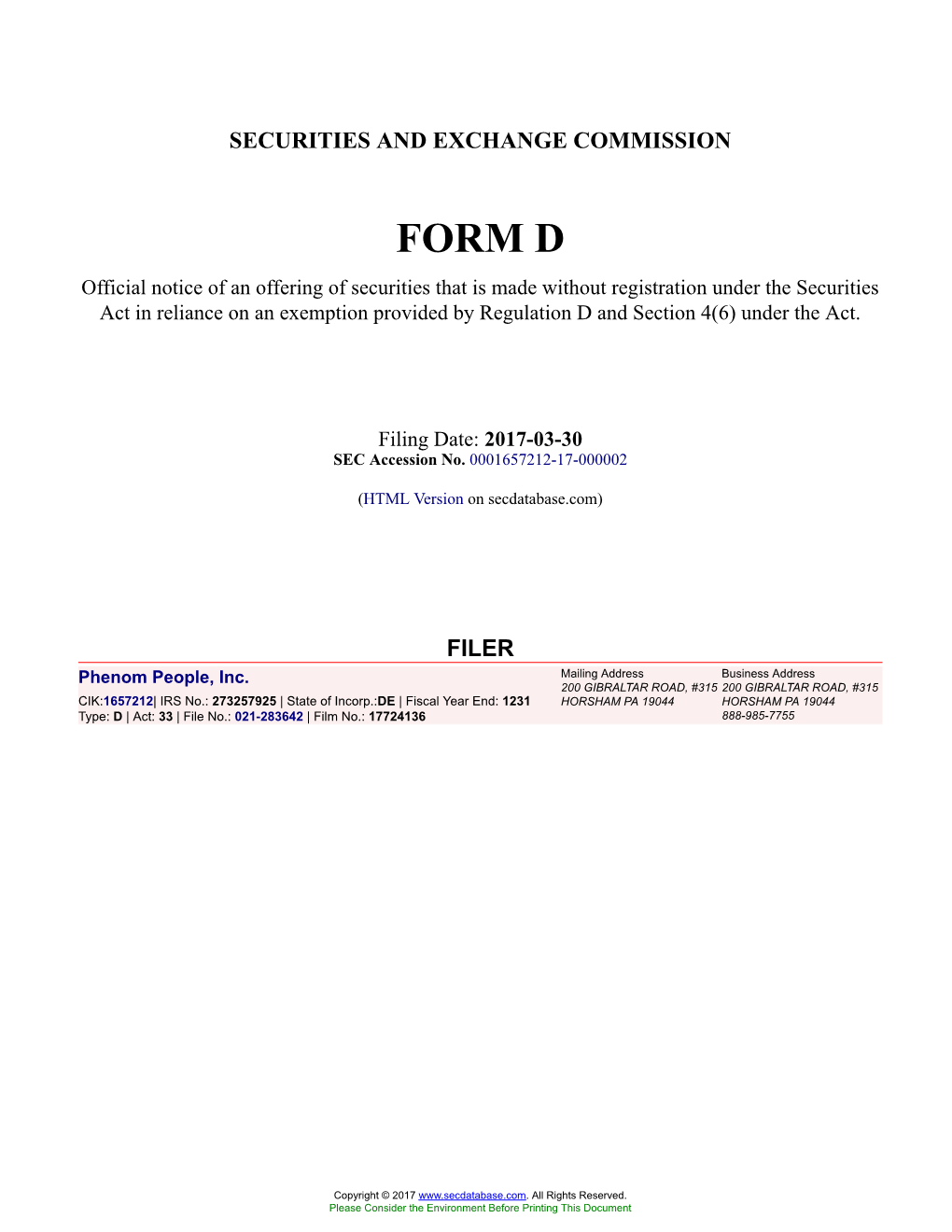 Phenom People, Inc. Form D Filed 2017-03-30