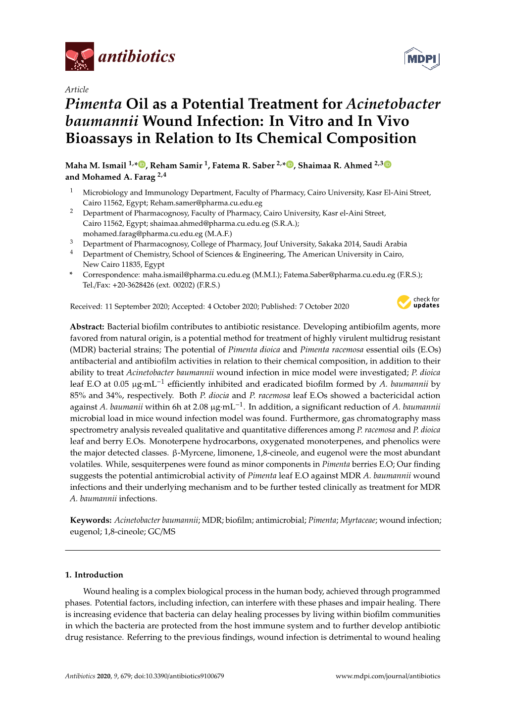 Pimenta Oil As a Potential Treatment for Acinetobacter Baumannii Wound Infection: in Vitro and in Vivo Bioassays in Relation to Its Chemical Composition