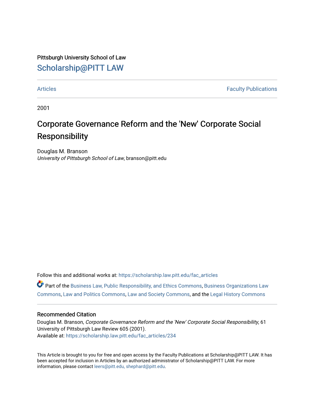 Corporate Governance Reform and the 'New' Corporate Social Responsibility