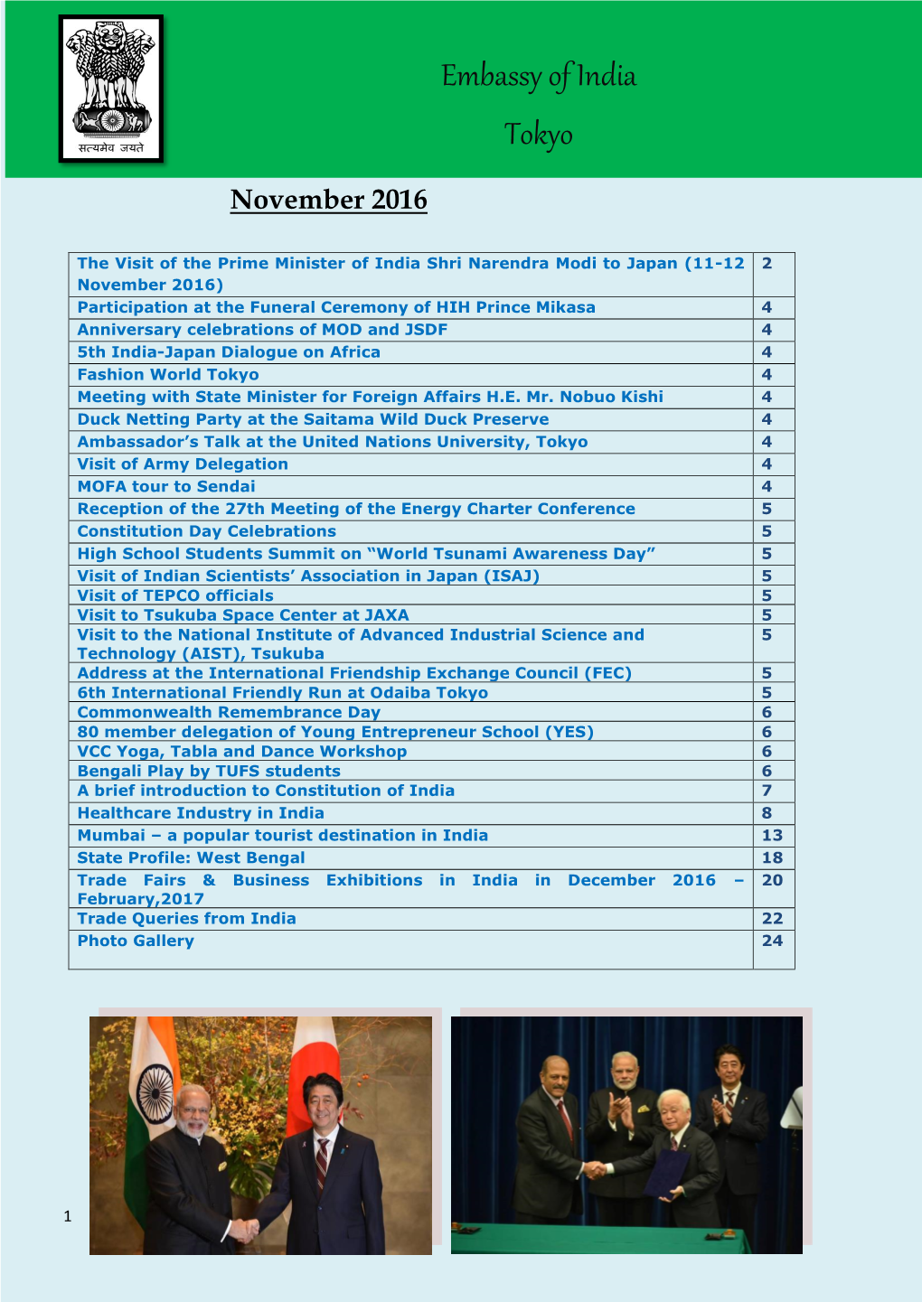 NEWSLETTER the Visit of the Prime Minister of India Shri Narendra Modi to Japan (11-12 2