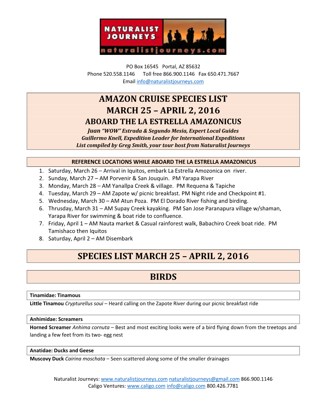 April 2, 2016 Species List March 25