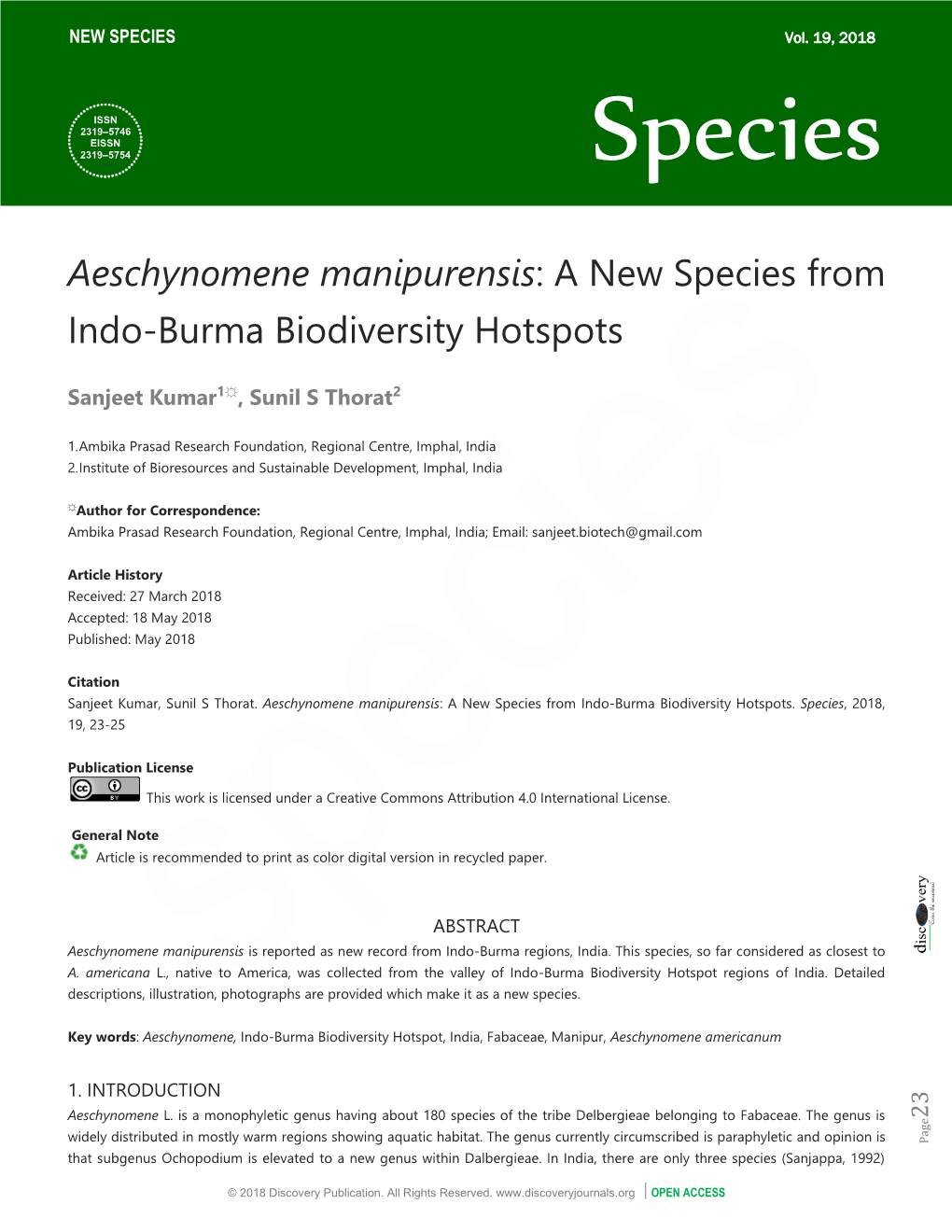 Aeschynomene Manipurensis: a New Species from Indo-Burma Biodiversity Hotspots
