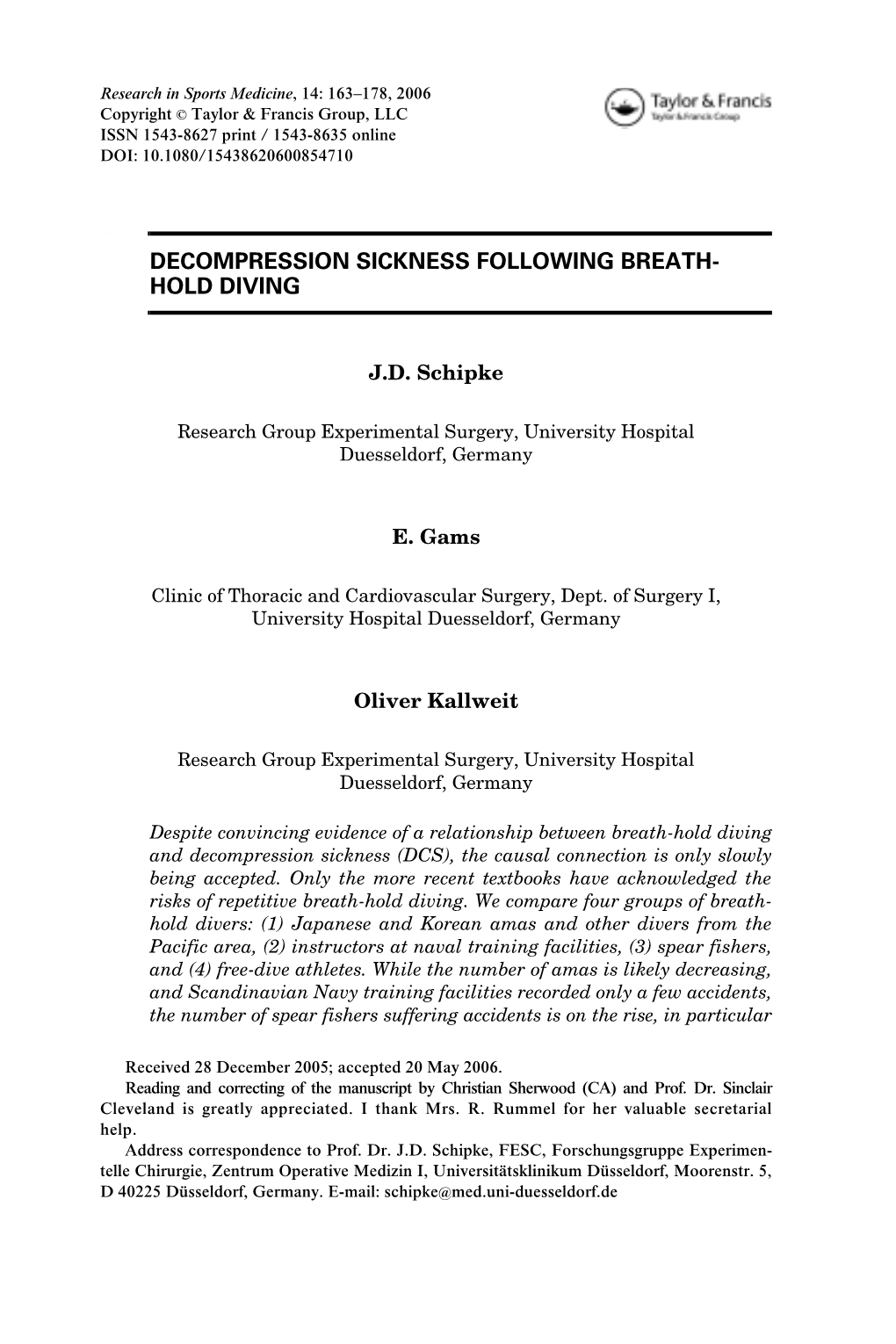 Decompression Sickness Following Breath- Hold Diving