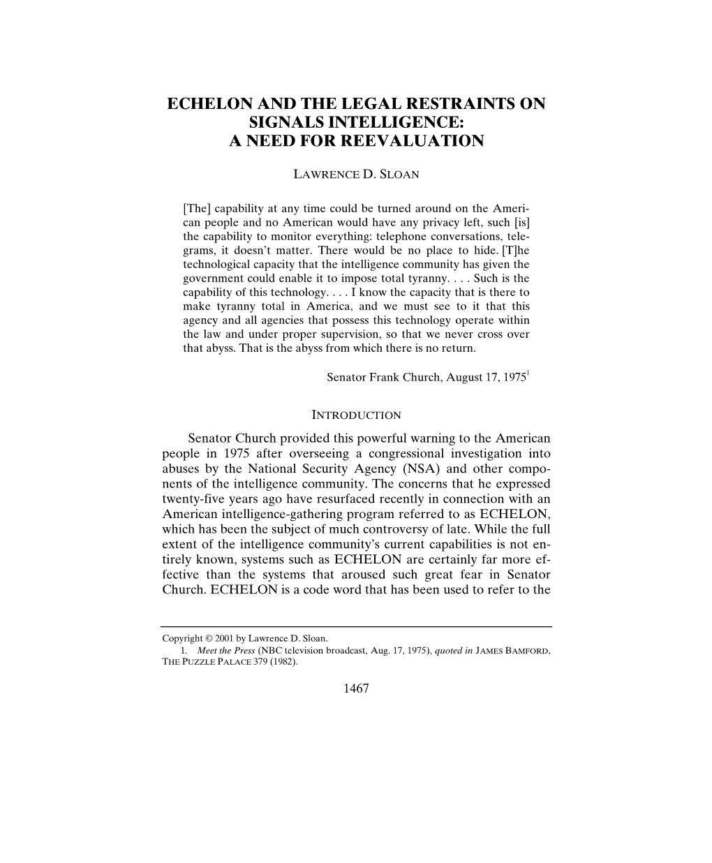 Echelon and the Legal Restraints on Signals Intelligence: a Need for Reevaluation