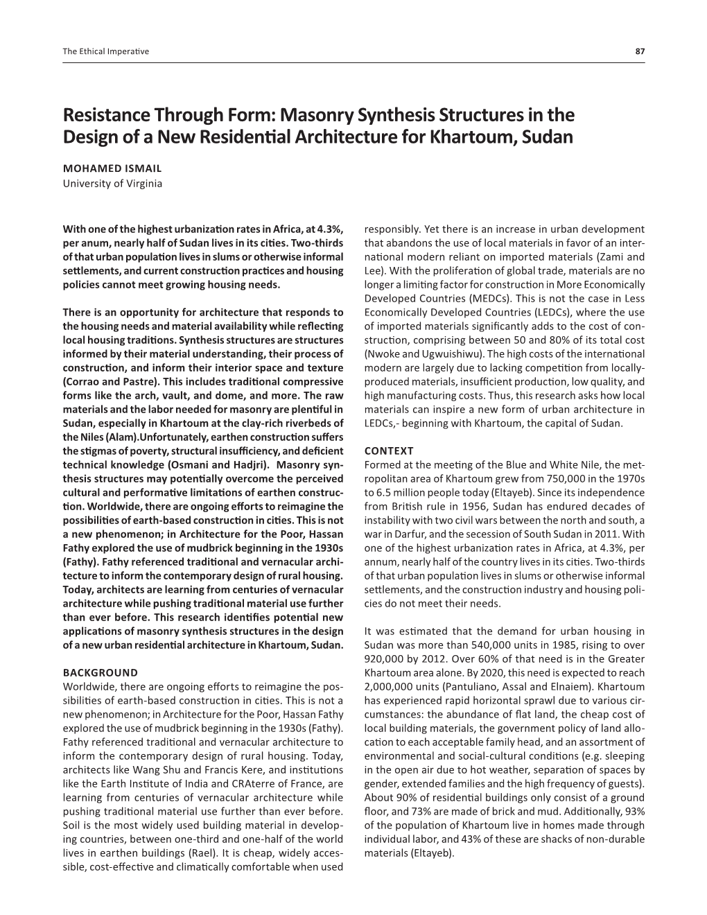 Resistance Through Form: Masonry Synthesis Structures in the Design of a New Residential Architecture for Khartoum, Sudan