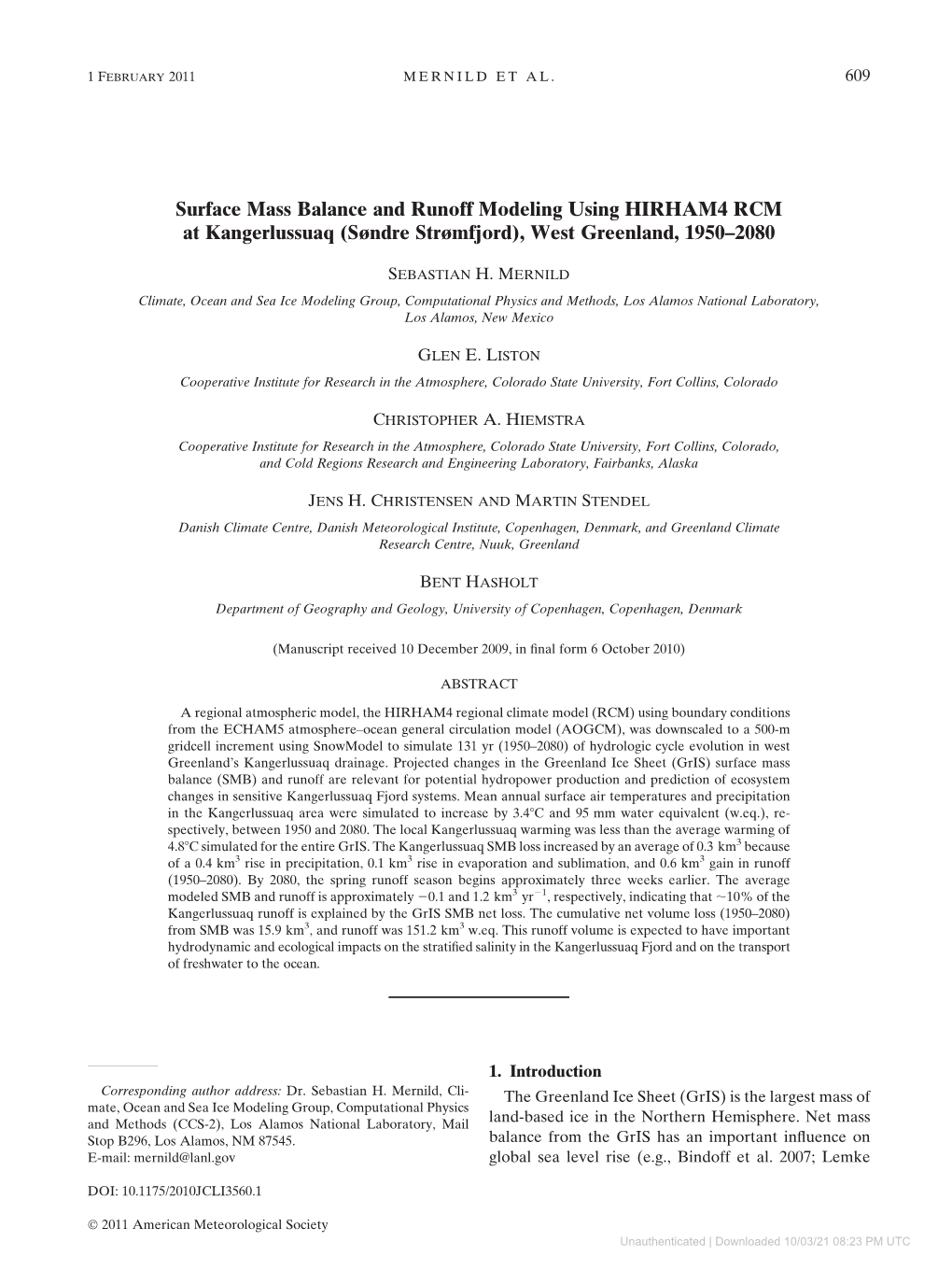 Surface Mass Balance and Runoff Modeling Using HIRHAM4 RCM at Kangerlussuaq (Søndre Strømfjord), West Greenland, 1950–2080