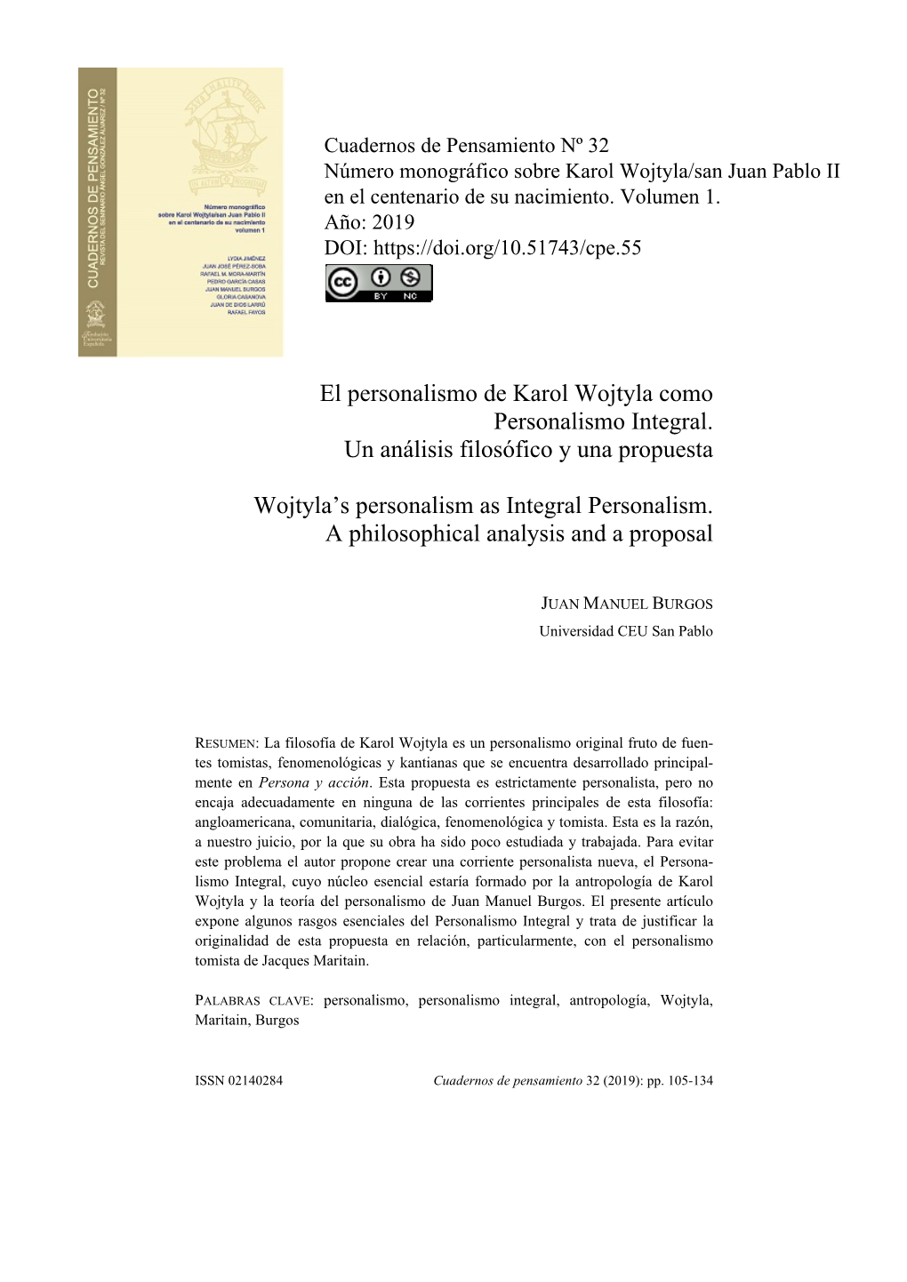 El Personalismo De Karol Wojtyla Como Personalismo Integral. Un Análisis Filosófico Y Una Propuesta