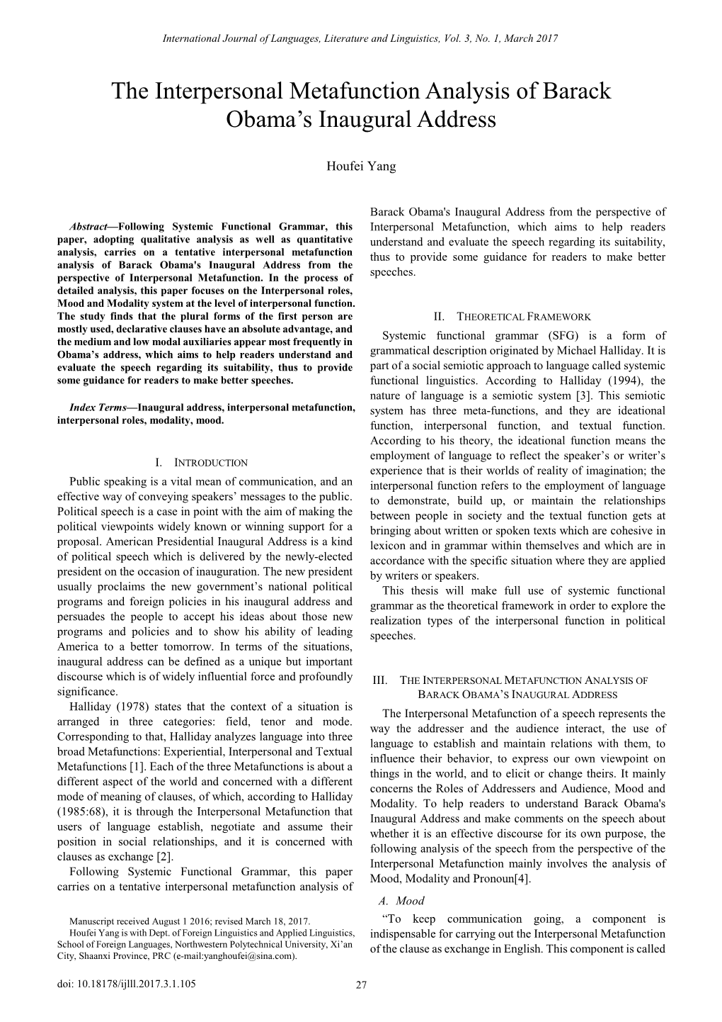 The Interpersonal Metafunction Analysis of Barack Obama's