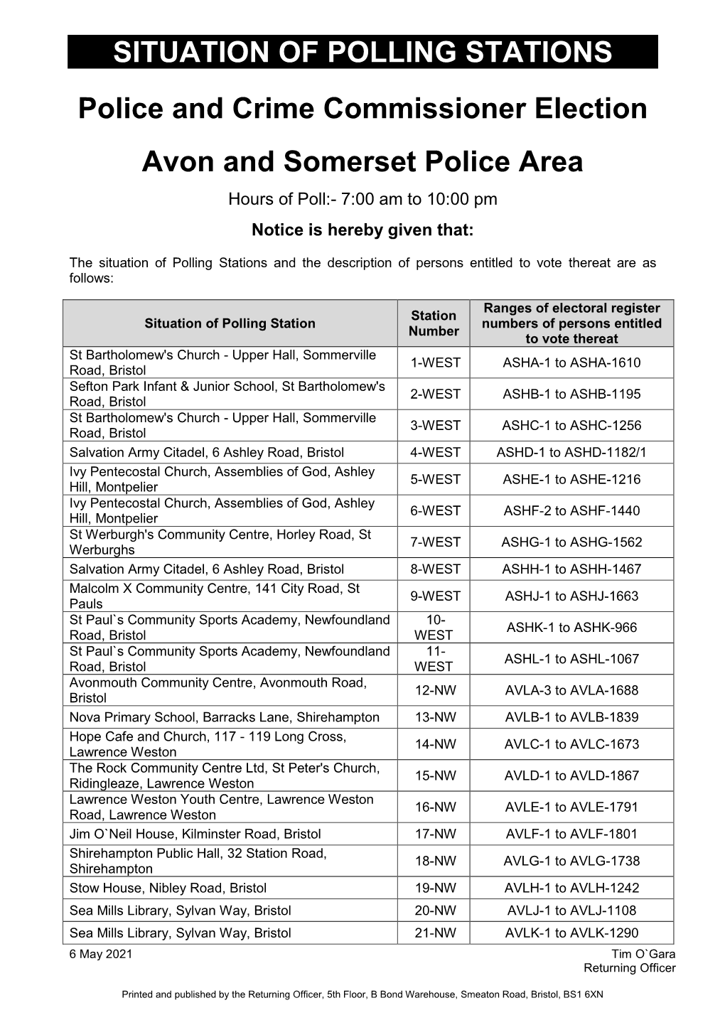 Situation of Polling Stations Bristol