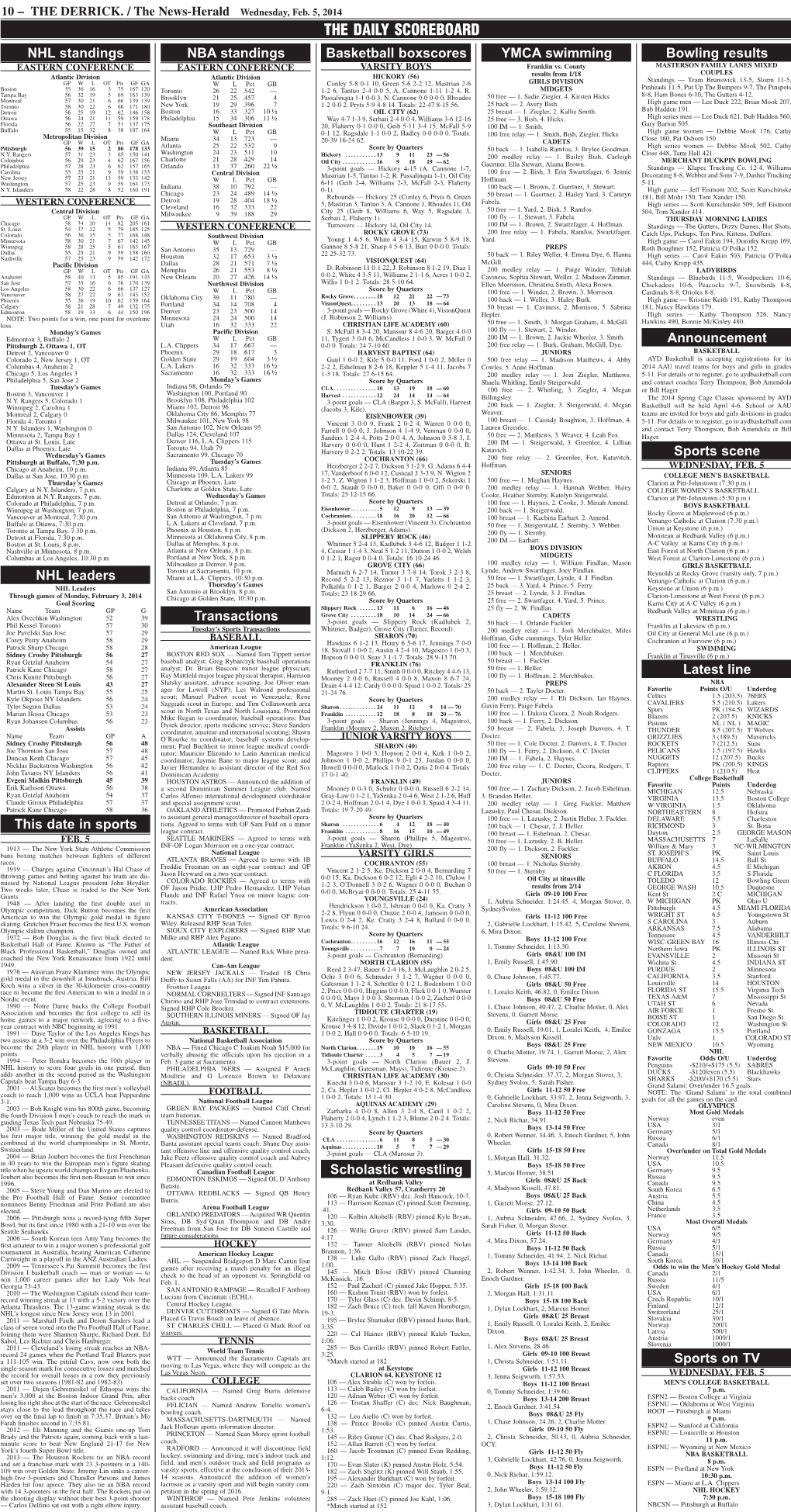 THE DAILY SCOREBOARD NHL Standings NBA Standings Basketball Boxscores YMCA Swimming Bowling Results EASTERN CONFERENCE EASTERN CONFERENCE VARSITY BOYS Franklin Vs