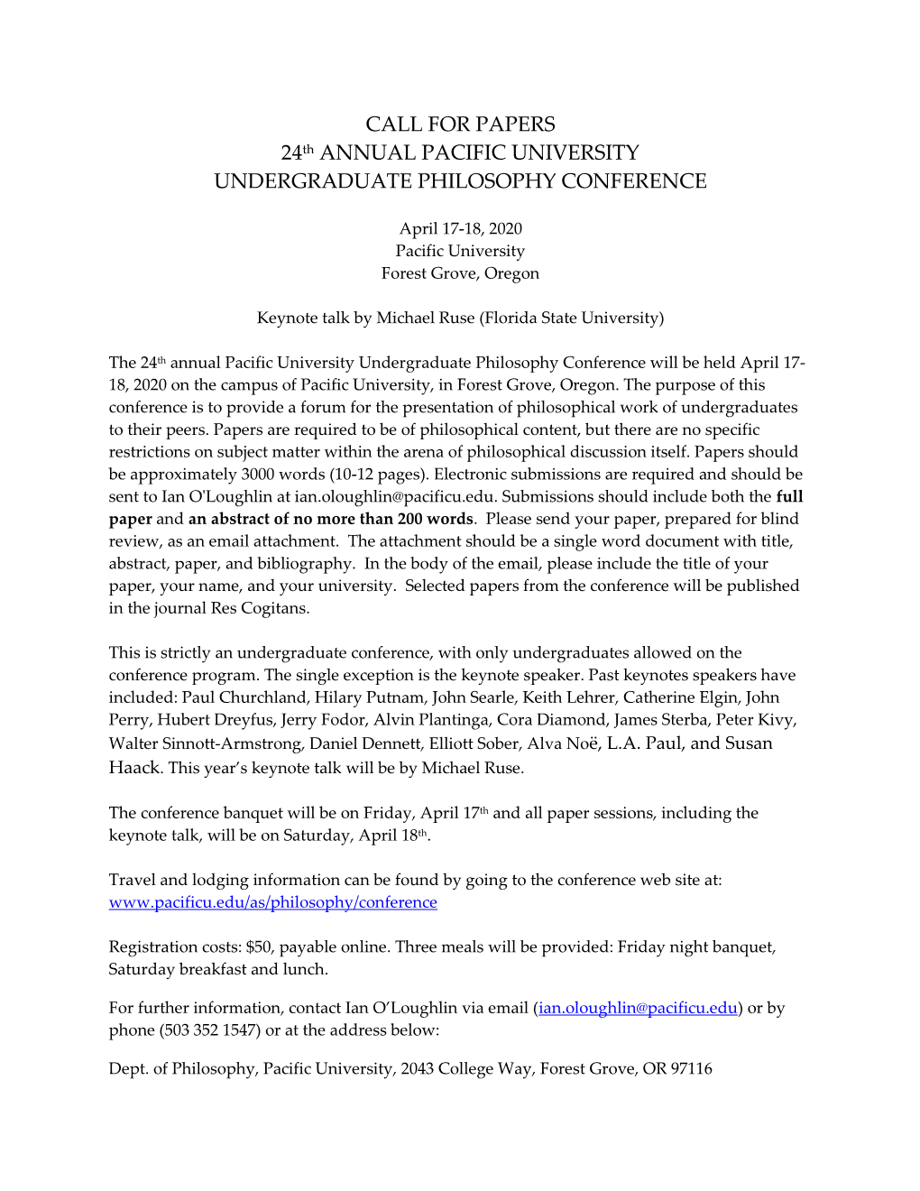 CALL for PAPERS 24Th ANNUAL PACIFIC UNIVERSITY UNDERGRADUATE PHILOSOPHY CONFERENCE