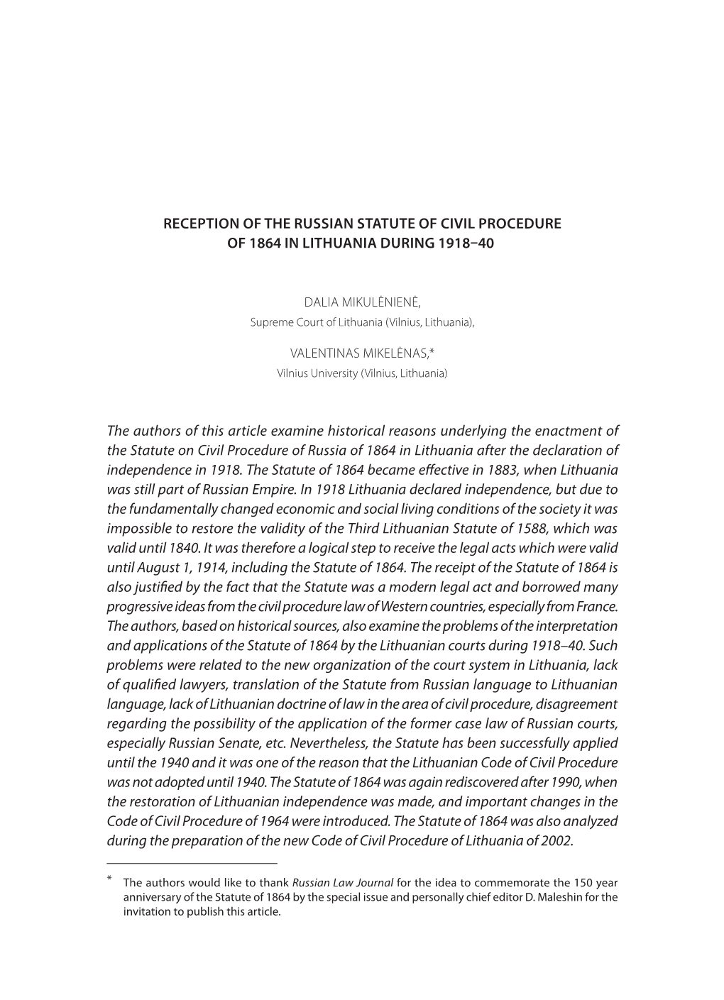 Reception of the Russian Statute of Civil Procedure of 1864 in Lithuania During 1918–40