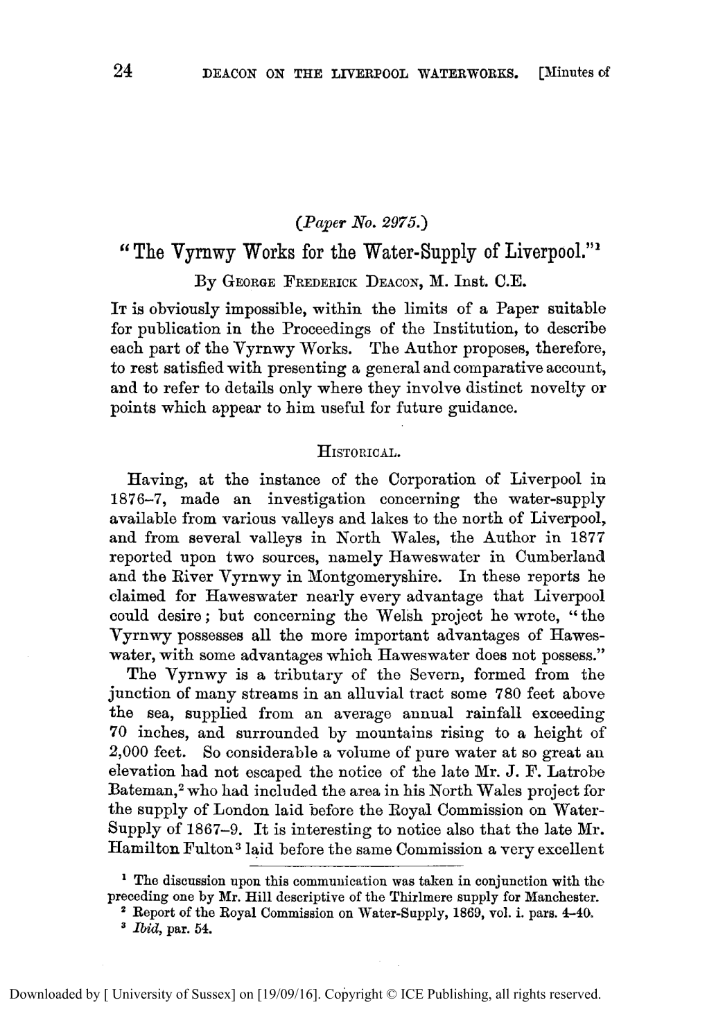 The Vyrnwy Works for the Water-Supply of Liverpool.”’ by GEOROEFREDERICK DEACON, M