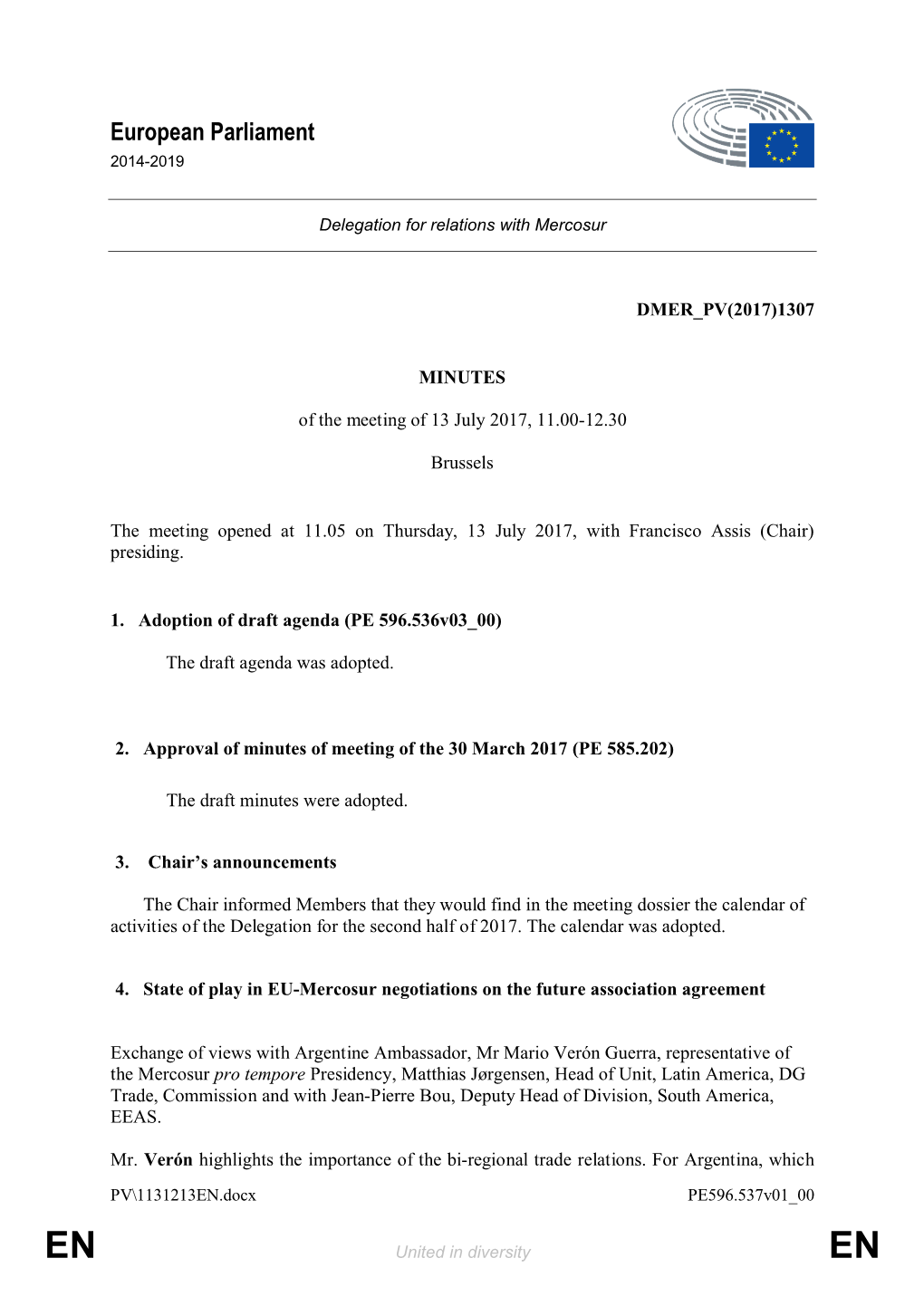 Minutes of the Meeting of 13 July 2017, in Brussels