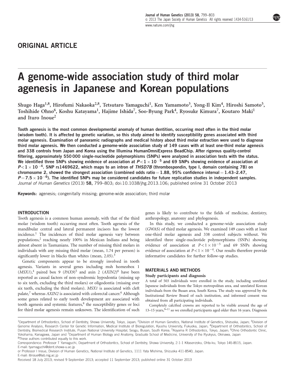 A Genome-Wide Association Study of Third Molar Agenesis in Japanese and Korean Populations