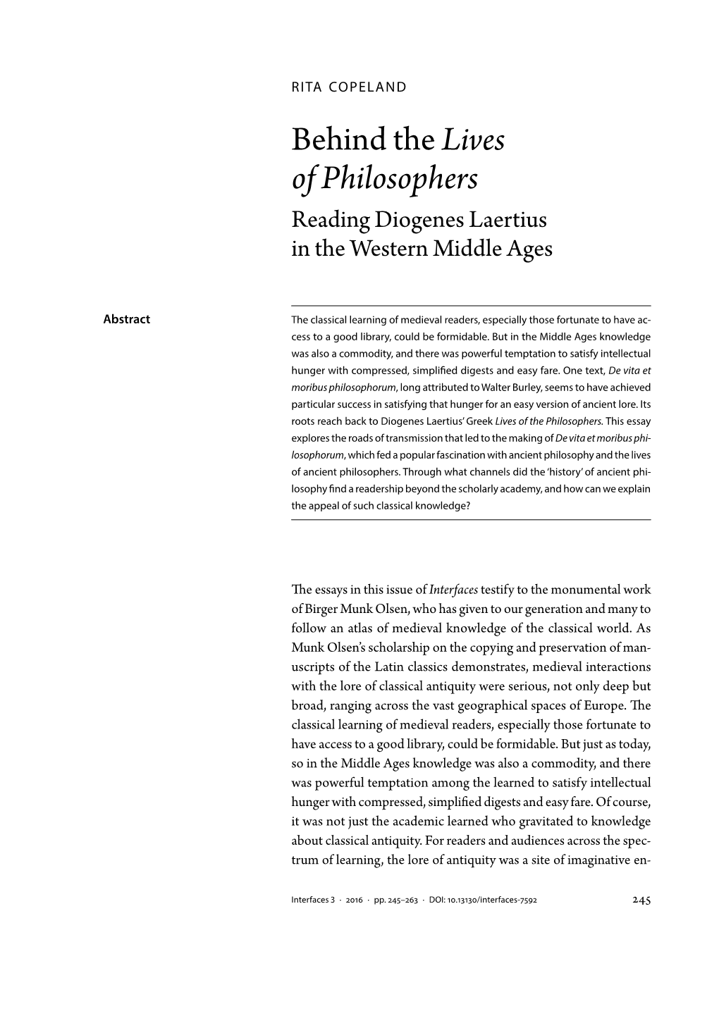 Behind the Lives of Philosophers Reading Diogenes Laertius in the Western Middle Ages