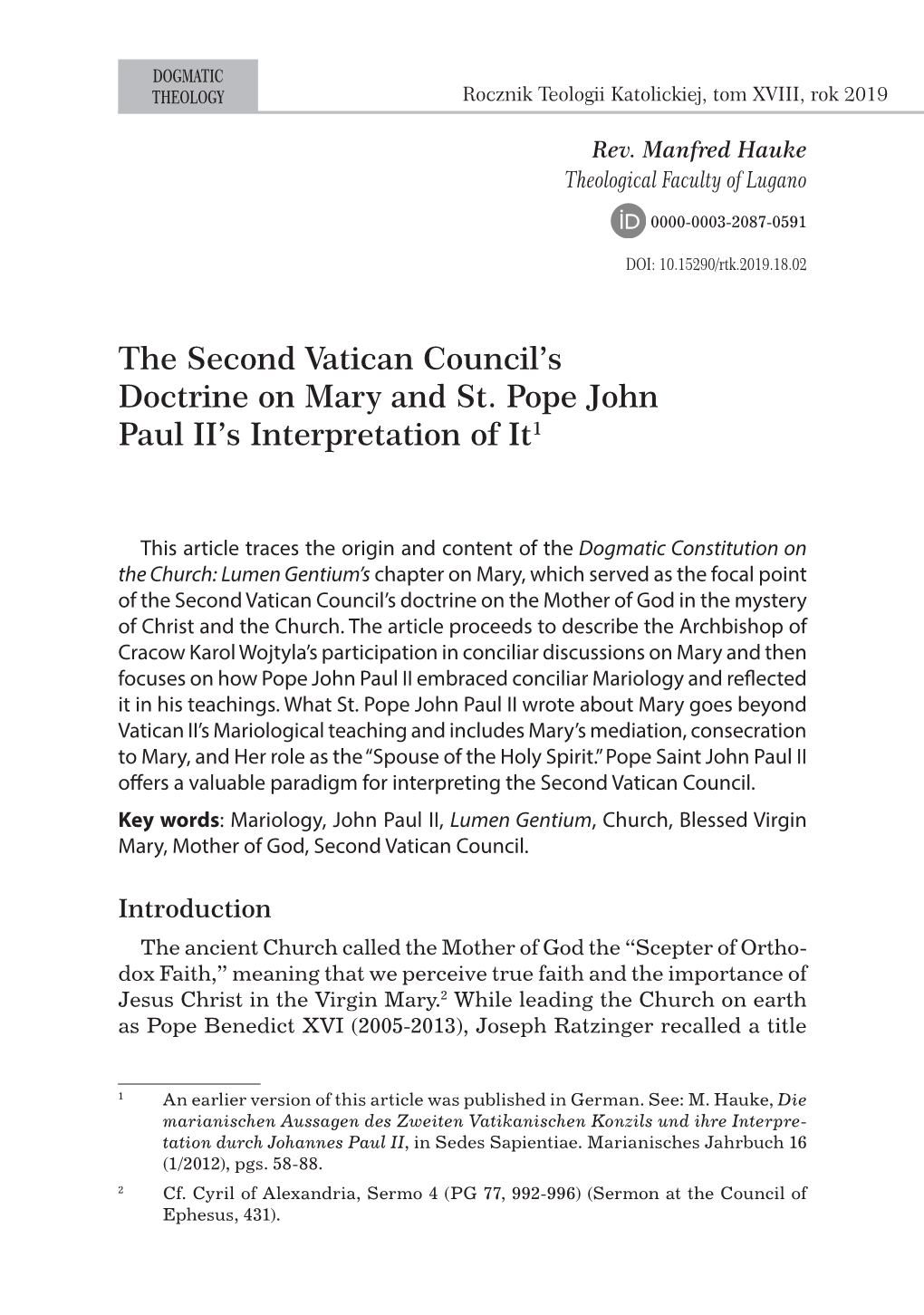 The Second Vatican Council's Doctrine on Mary and St. Pope