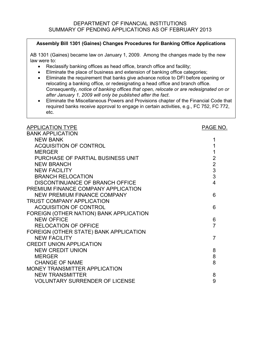 Department of Financial Institutions Summary of Pending Applications As of February 2013