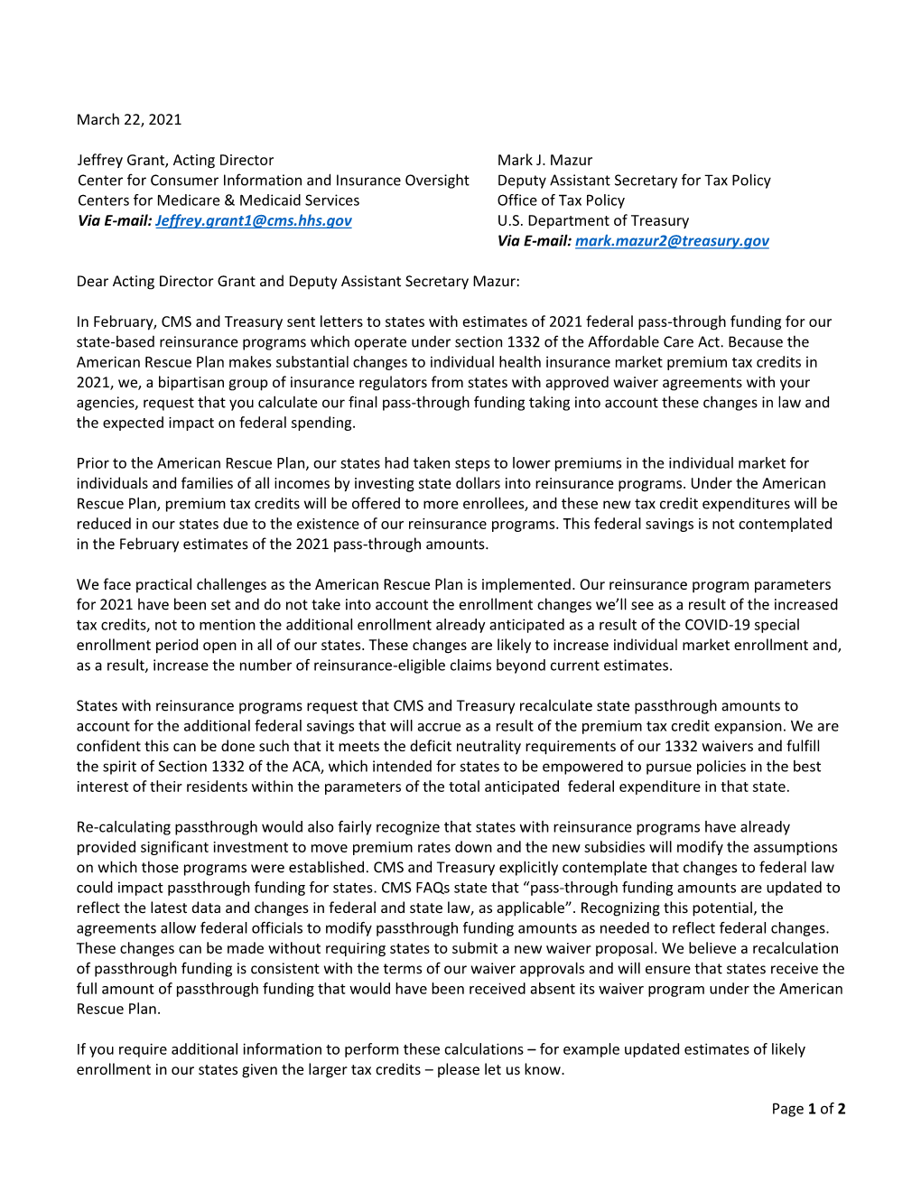 Page 1 of 2 March 22, 2021 Jeffrey Grant, Acting Director Center For