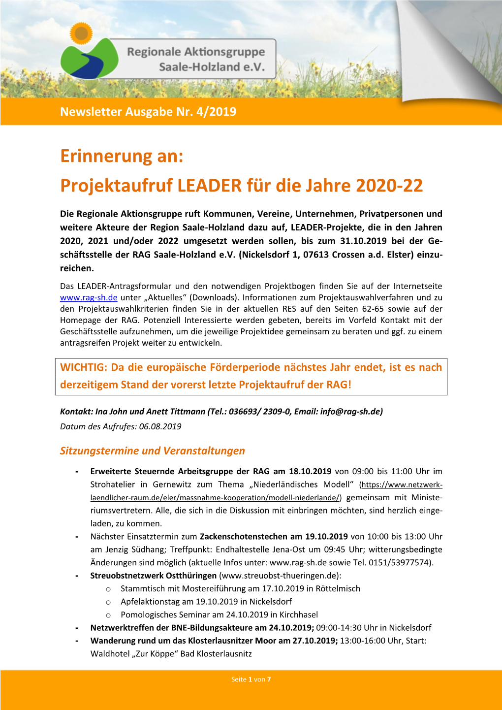 Erinnerung An: Projektaufruf LEADER Für Die Jahre 2020-22