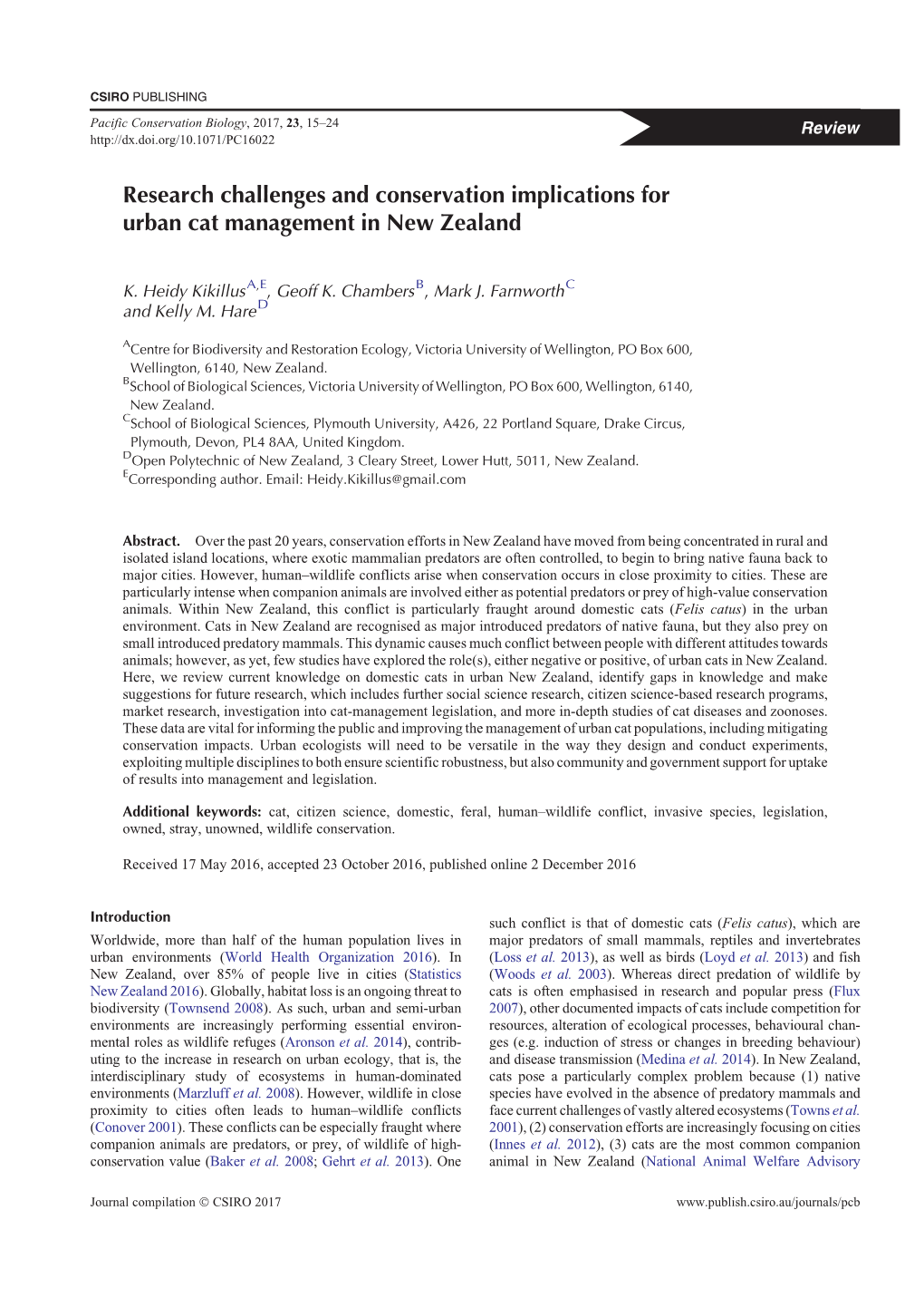 Research Challenges and Conservation Implications for Urban Cat Management in New Zealand